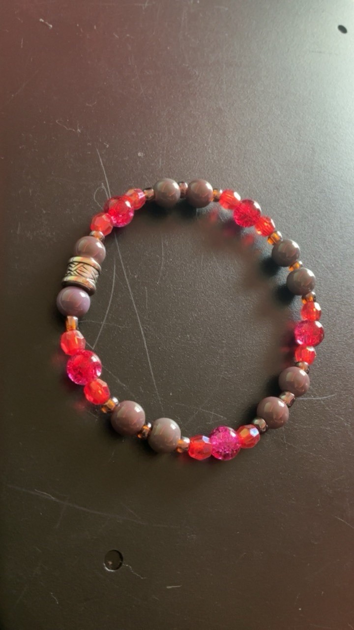 Handcrafted Handmade Red/Gray Glass Beaded Bracelet #117, Unisex, Round Beads