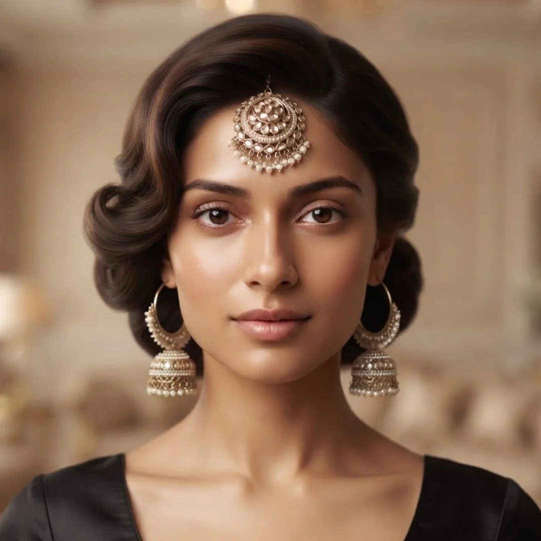 Dina Gold Jhumka tikka Earrings Set – Traditional Gold Tone Jhumka Earrings and
