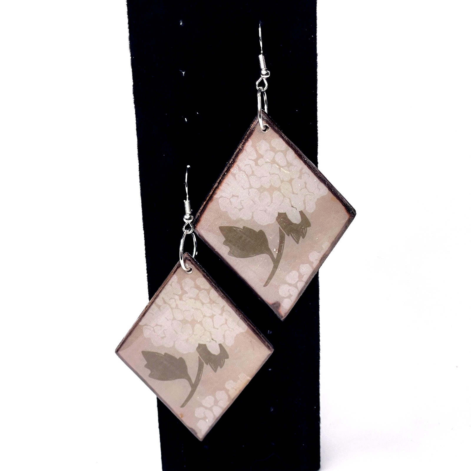 Earrings: 3.75in Handmade Brown Floral Diamond Shape Decoupage Wood Dangle/Drop