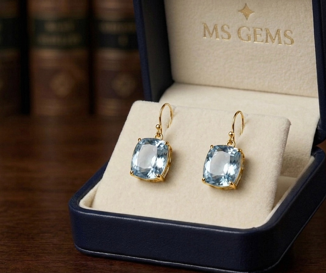 Natural Blue Topaz Cushion Cut Earrings Two Tone Dangle Anniversary Gift For Her