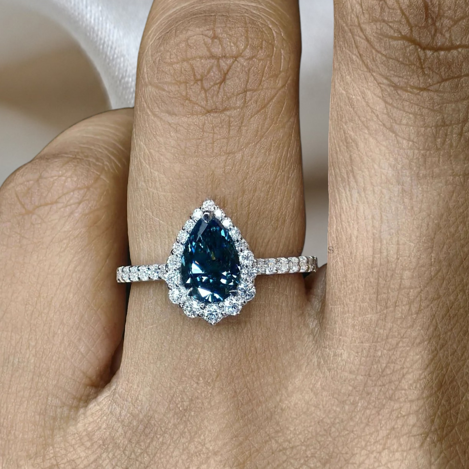 2.00 CT Pear Cut Lab Grown Fancy Intense Blue Diamond Women Ring 18K White Gold