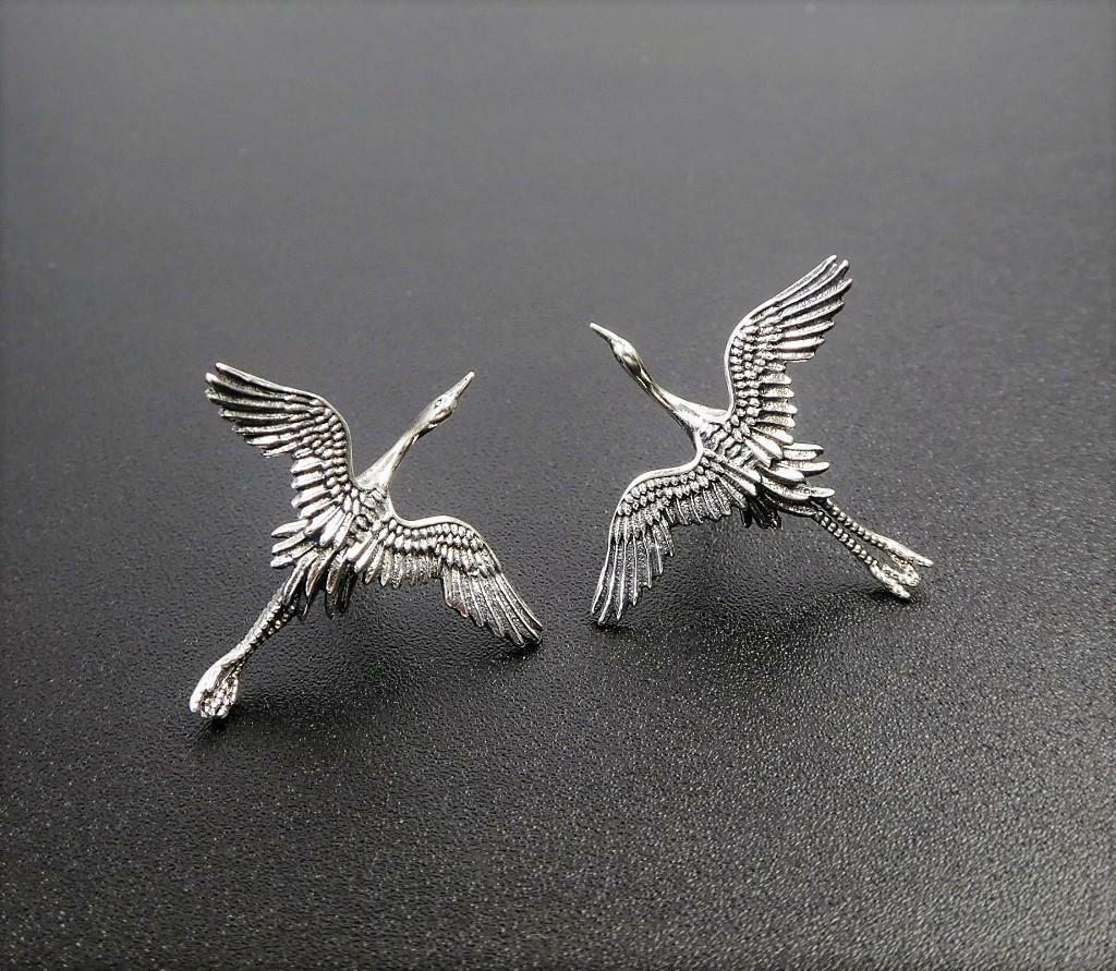 Unique Sterling Silver Flying Egret Stork Bird Stud Post Earrings Fine Details