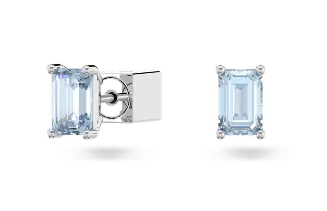 Swarovski – Stilla stud earrings – Octagon cut, Blue, Rhodium plated