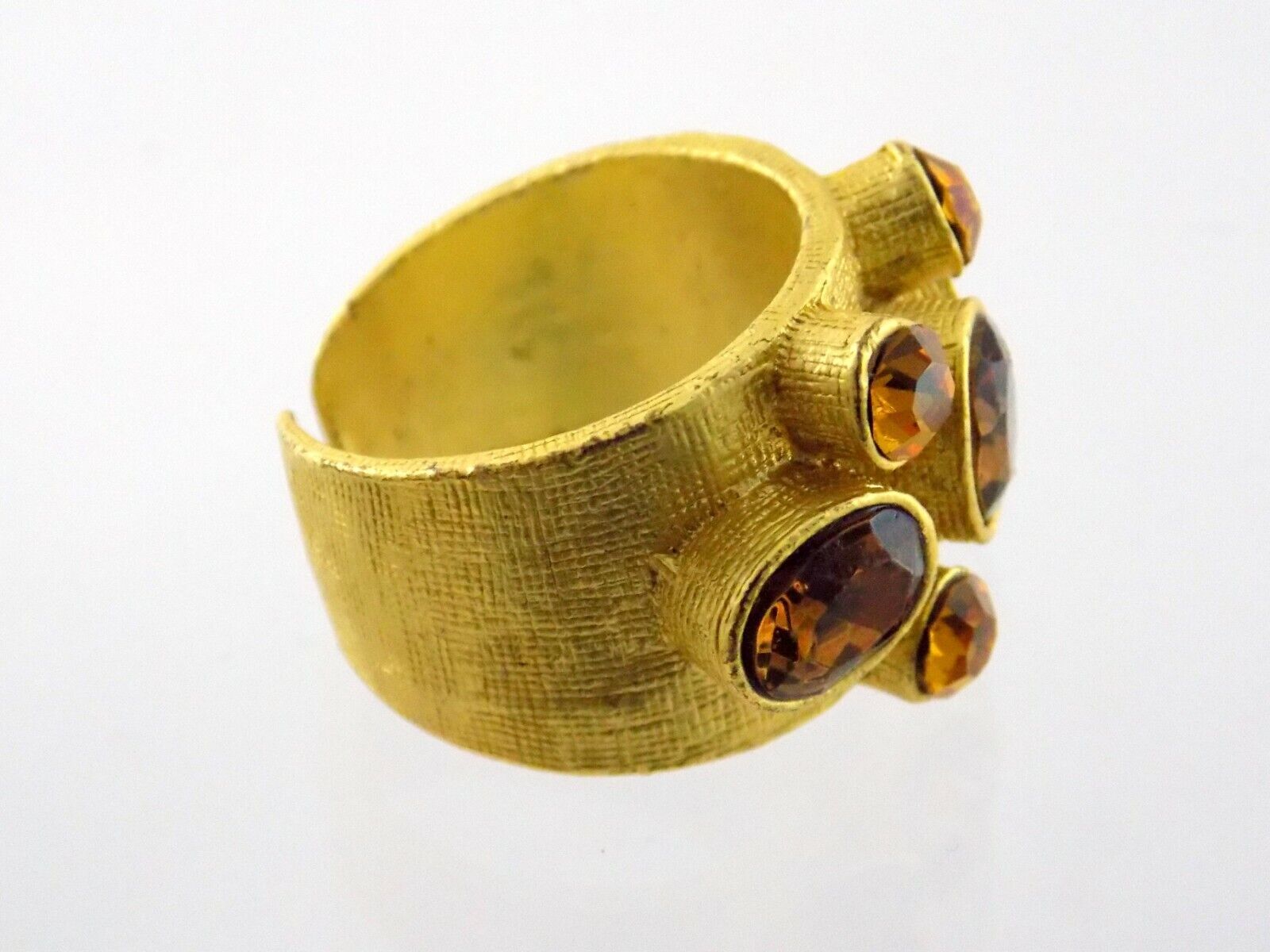 Goldtone Metal Brown Orange Rhinestones Ring Designer Signed White CZ Mark Sz 8