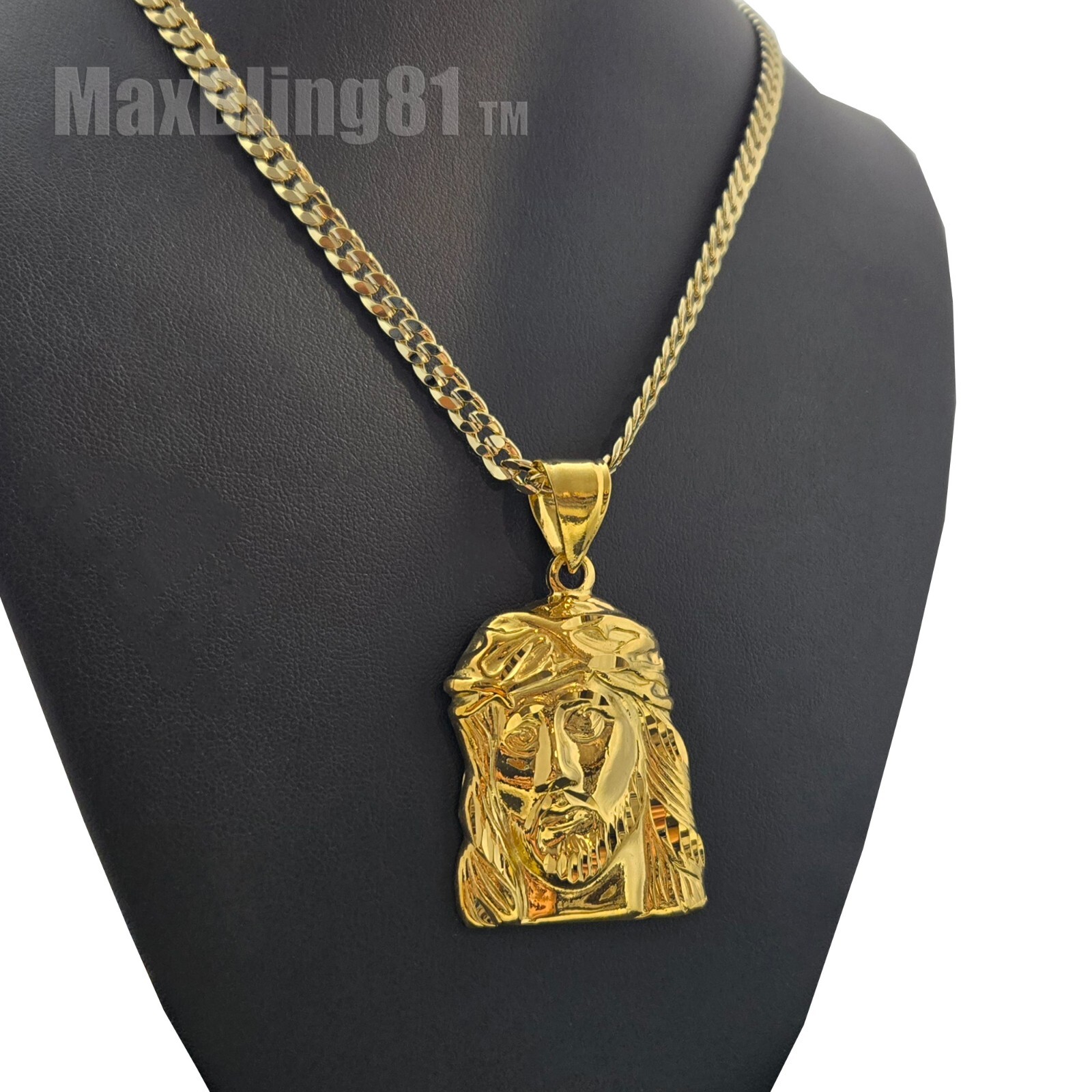 Brass Jesus Portrait Holy Gold Plated Pendant & 14K Stamped Cuban Chain Necklace