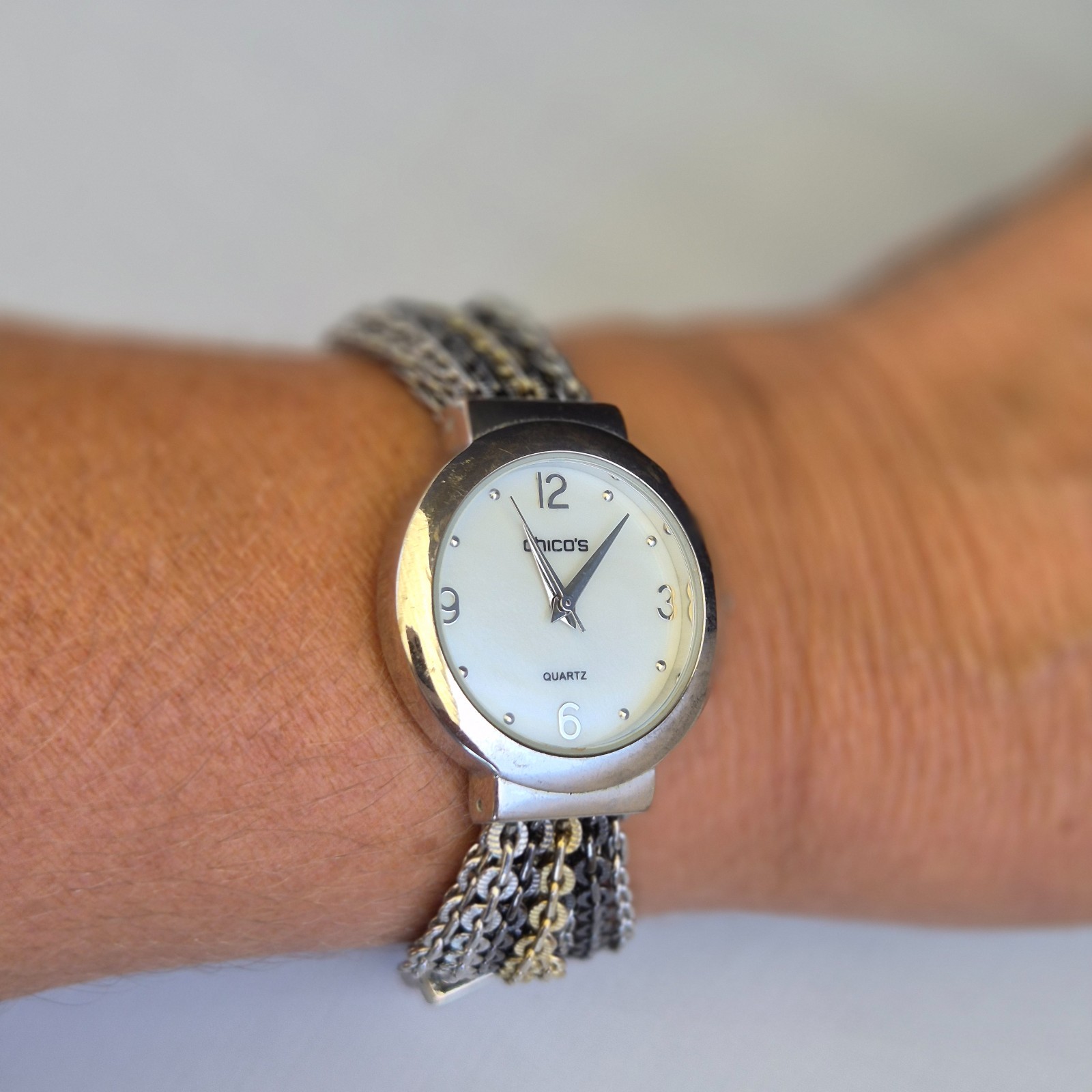 CHICO’S Two-Tone Quartz Analog Women’s Watch Sz. 7″ New Battery