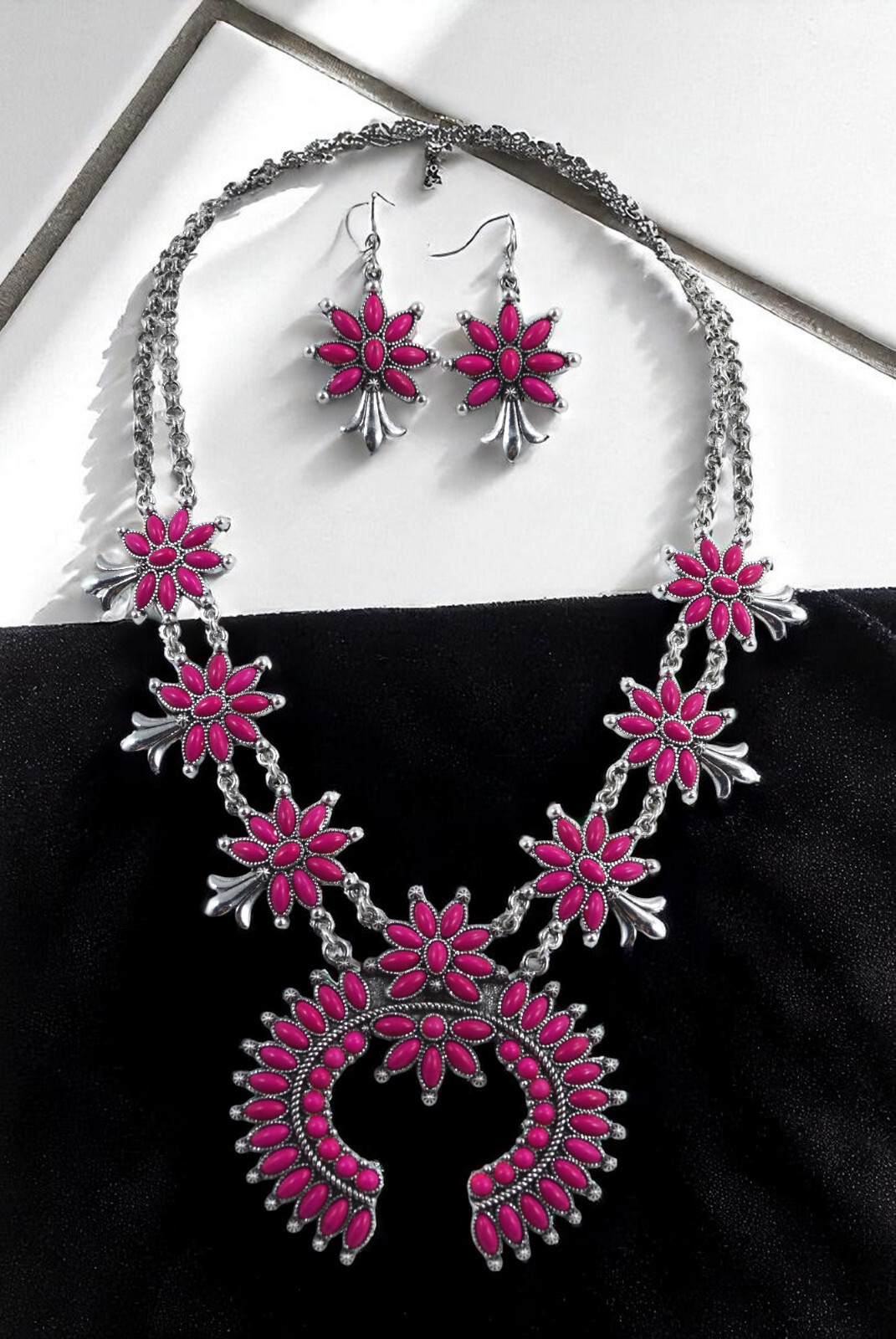 Bohemian Hot Pink Fuchsia Squash Blossom Statement Necklace and Earrings