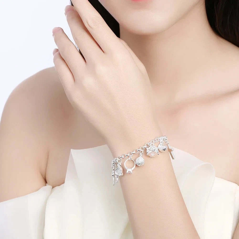 Women 925 Silver Heart Bracelet Cubic Zirconia Chain Gift Jewelry 20cm