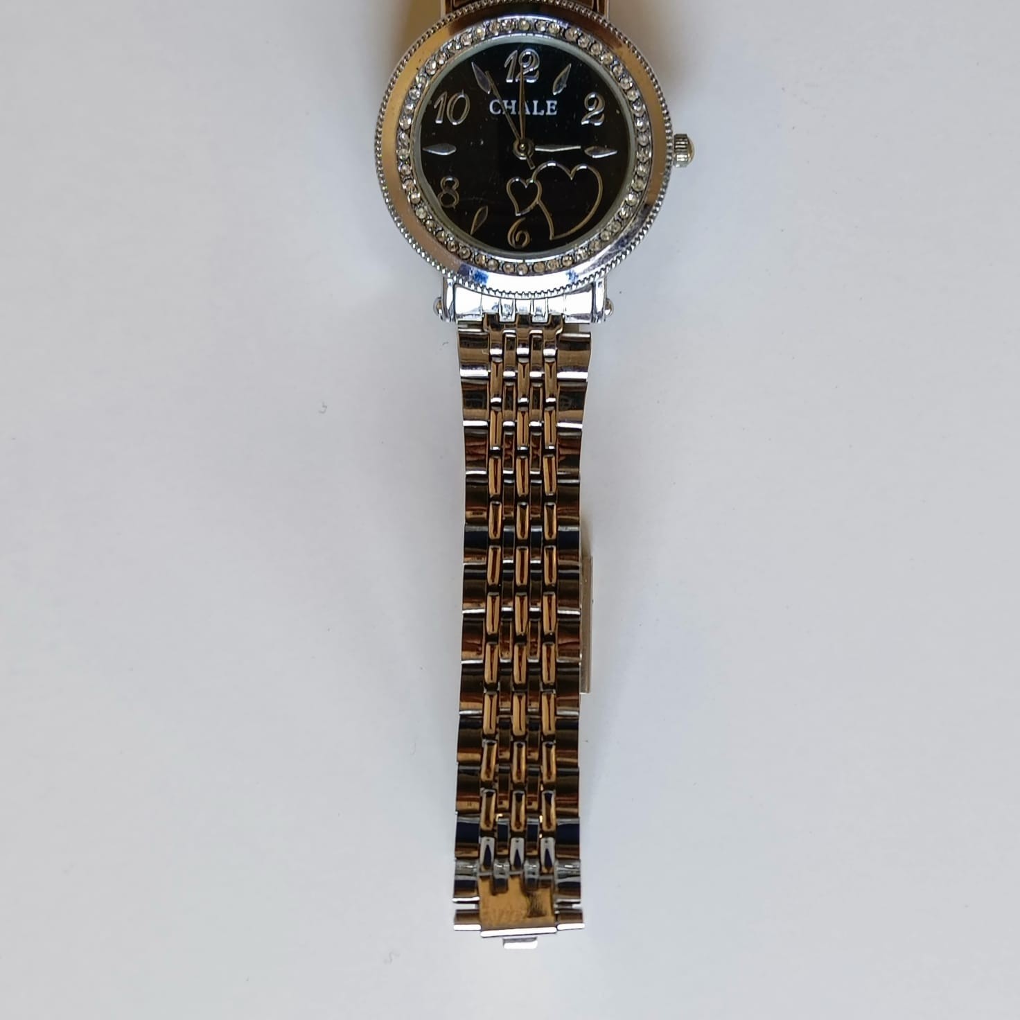 Chale Women’s Quartz Watch Silver Silver Tone Rhinestone Bezel Hearts Dial Steel