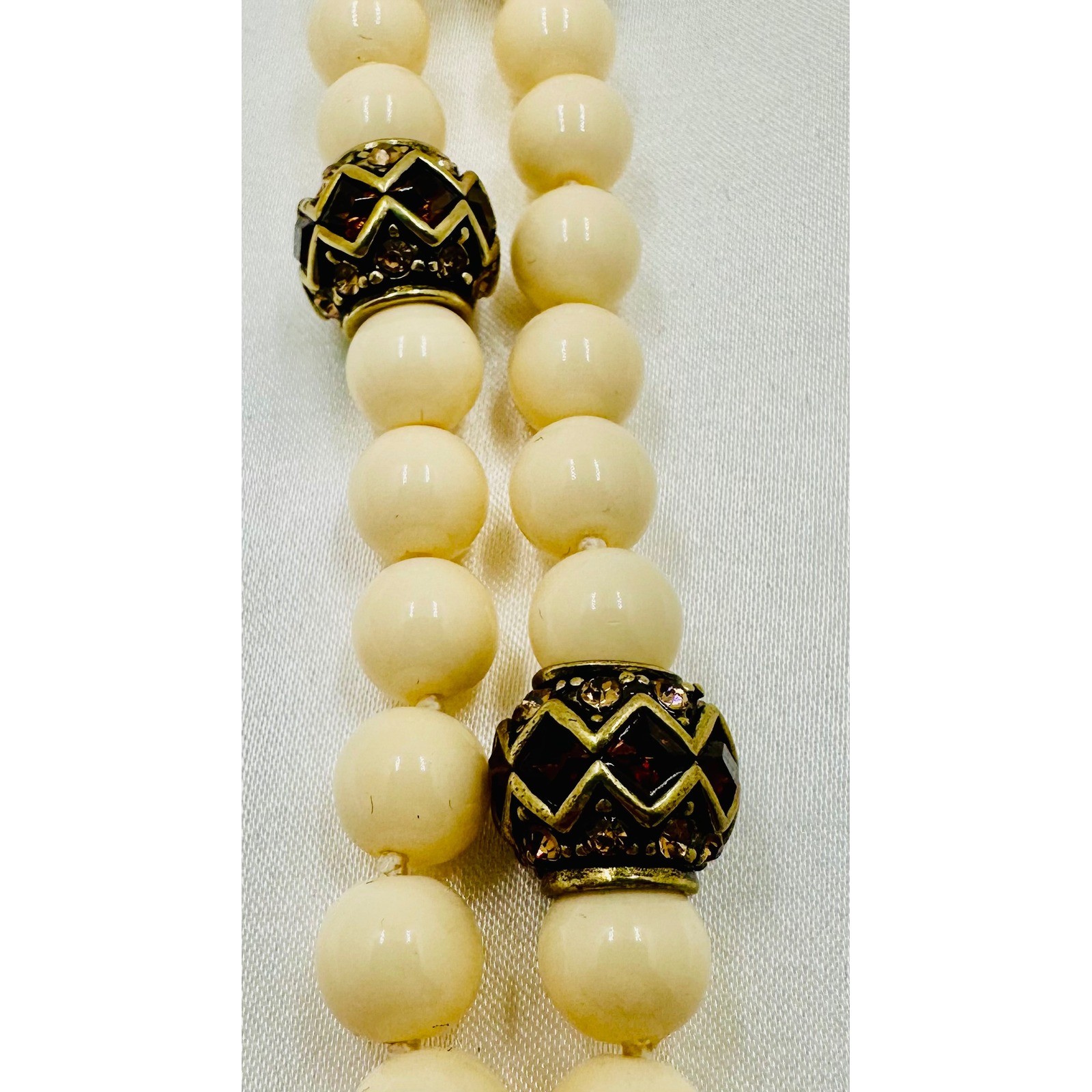 Heidi Daus Cream Faux Pearl Double Strand Bracelet Bronzetone Crystal Clasp 8in