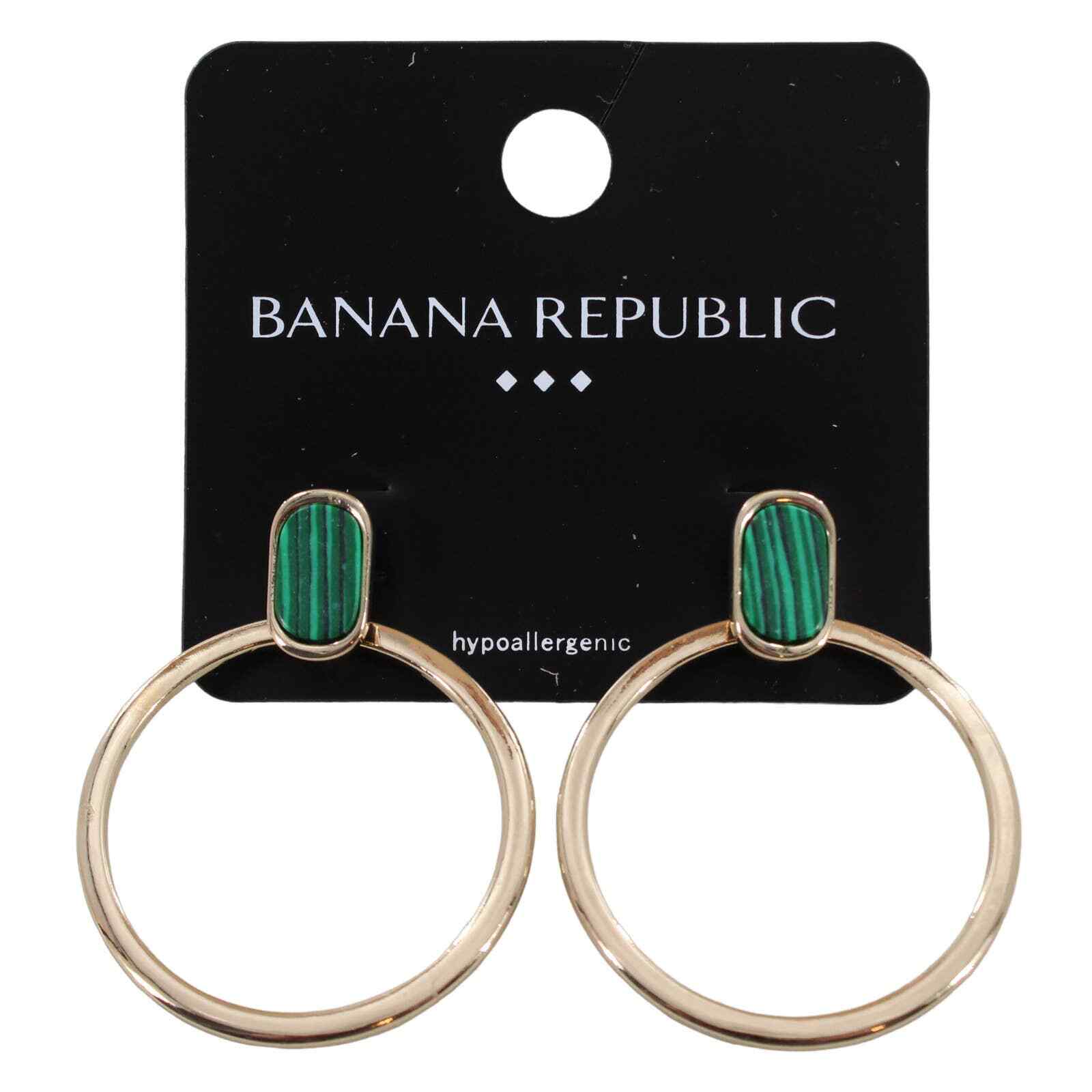Banana Republic Gold Front Hoop Earrings with Green Malachite Stones #BRE7