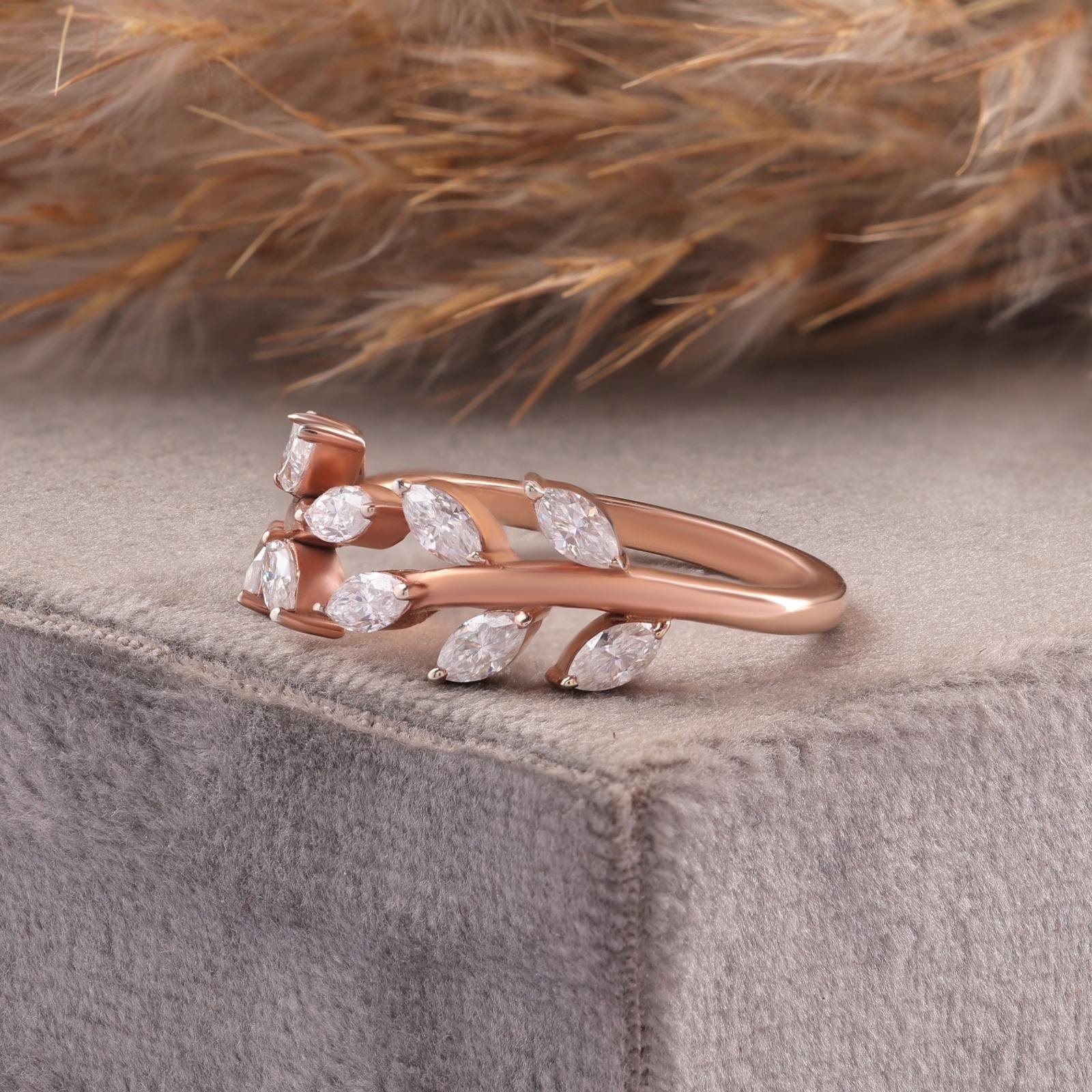 2Ct Marquise Moissanite Leaf Vine Ring 14K Rose Gold Plated Nature Inspired Gift