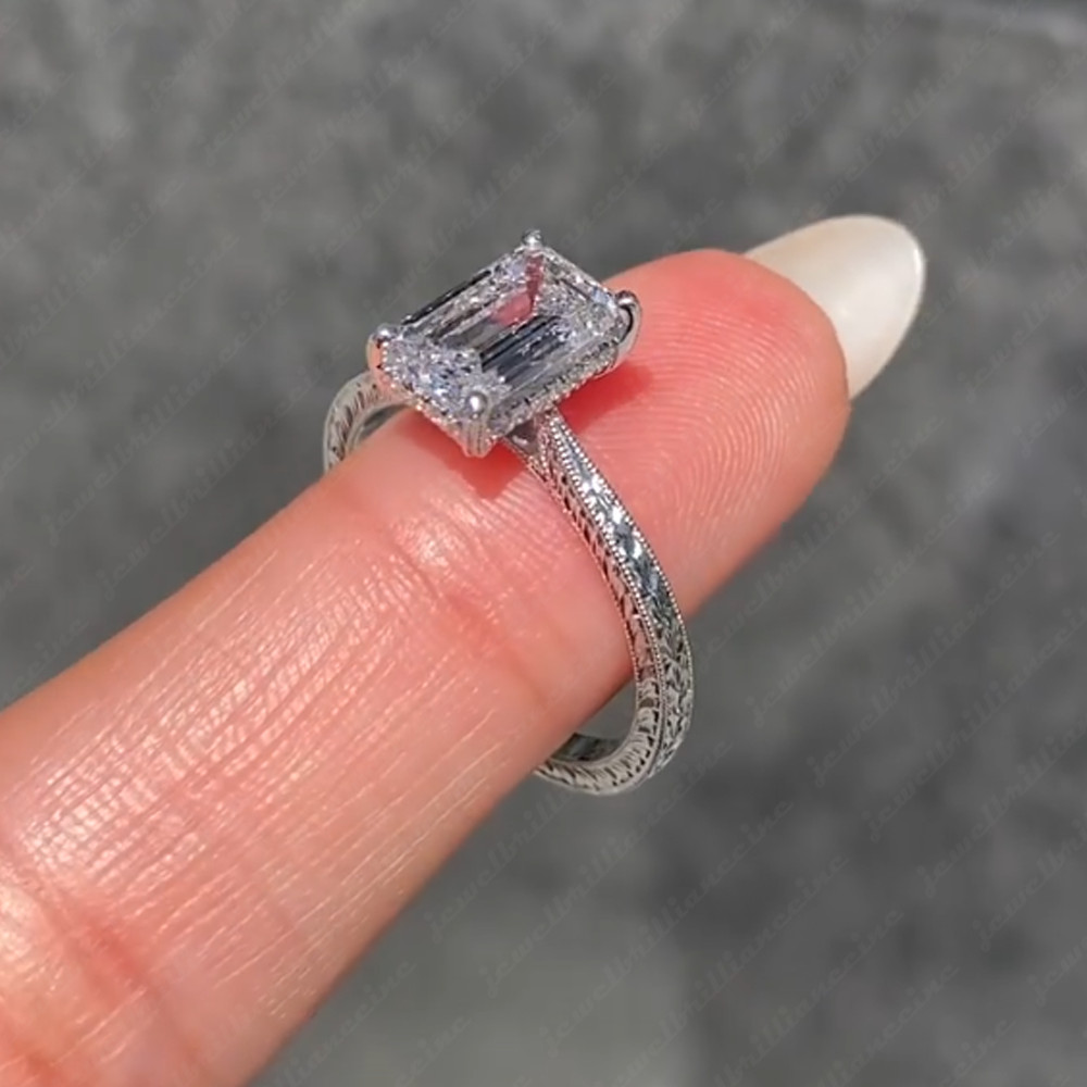 2.30Ctw Emerald Cut Moissanite Hidden Halo Vintage Style Engagement Wedding Ring