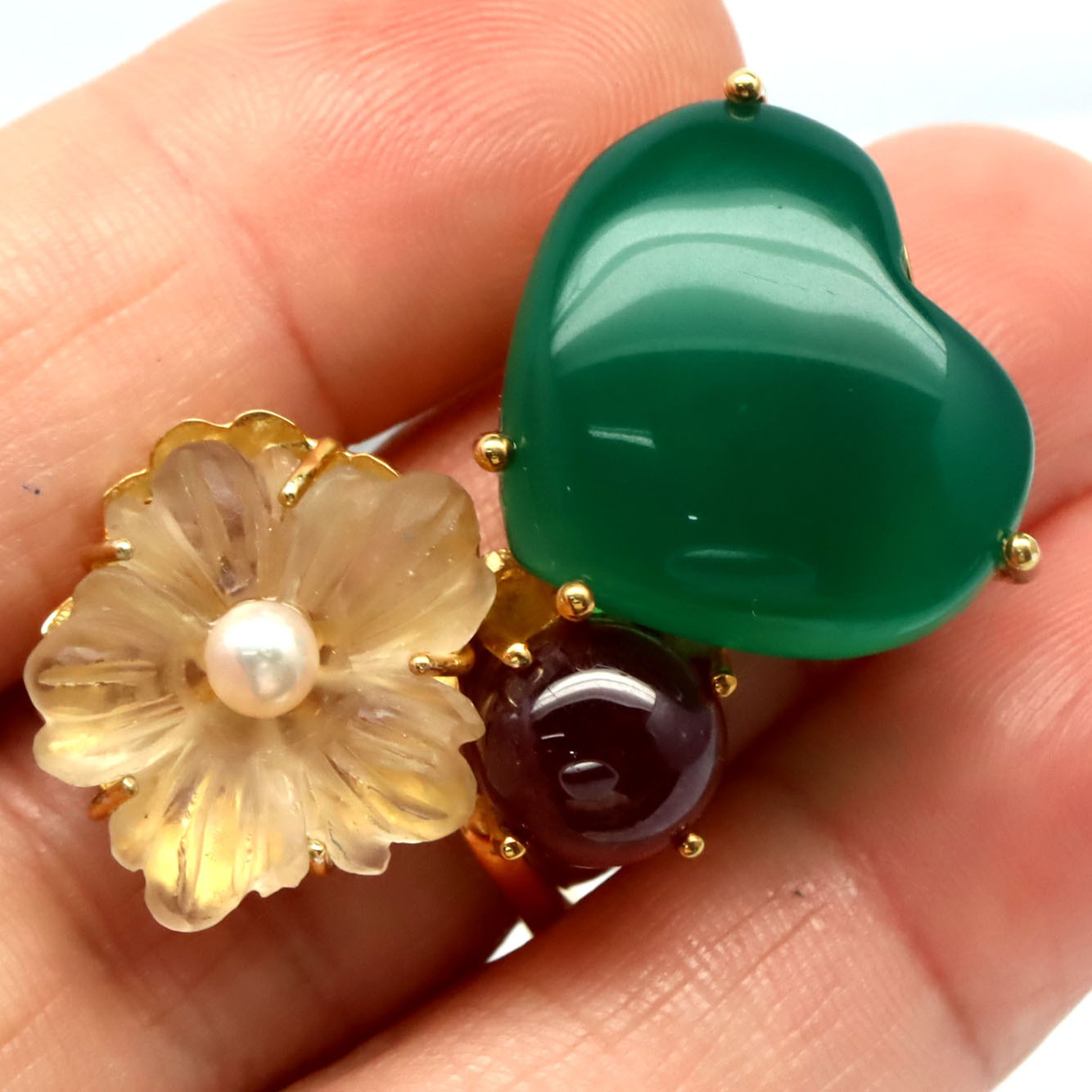 925 Silver 19 x 22 MM. Green Agate (40.55 ct.) Quartz Ruby Pearl Jewelry Ring