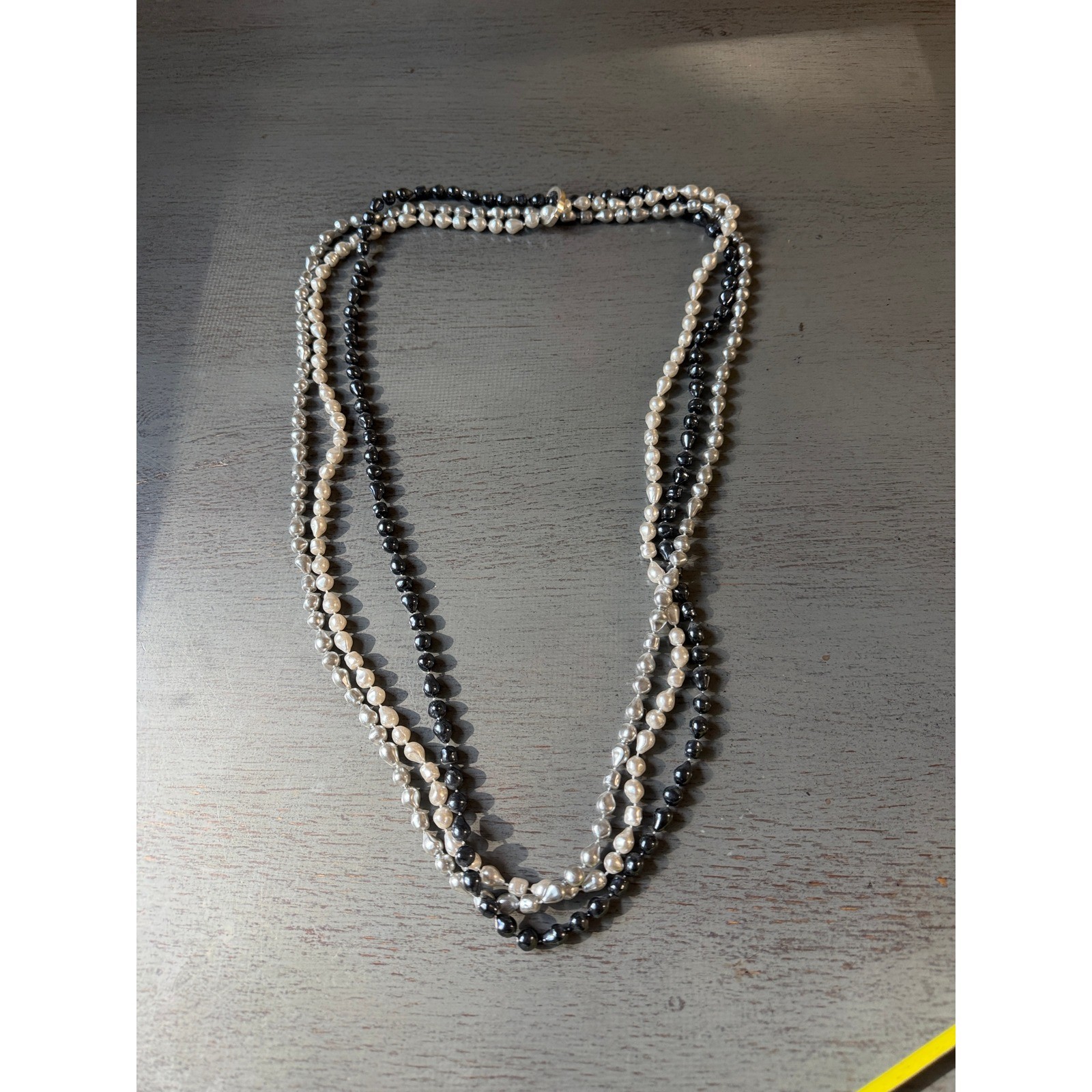 vintage Triple Strand Faux Pearl Necklace White Grey Black Multi Layer 21.5in