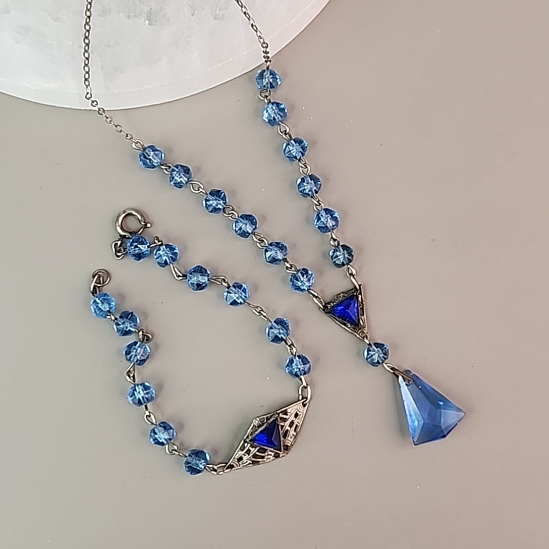 Vintage Art Deco Necklace Bracelet Set Blue Glass 16″