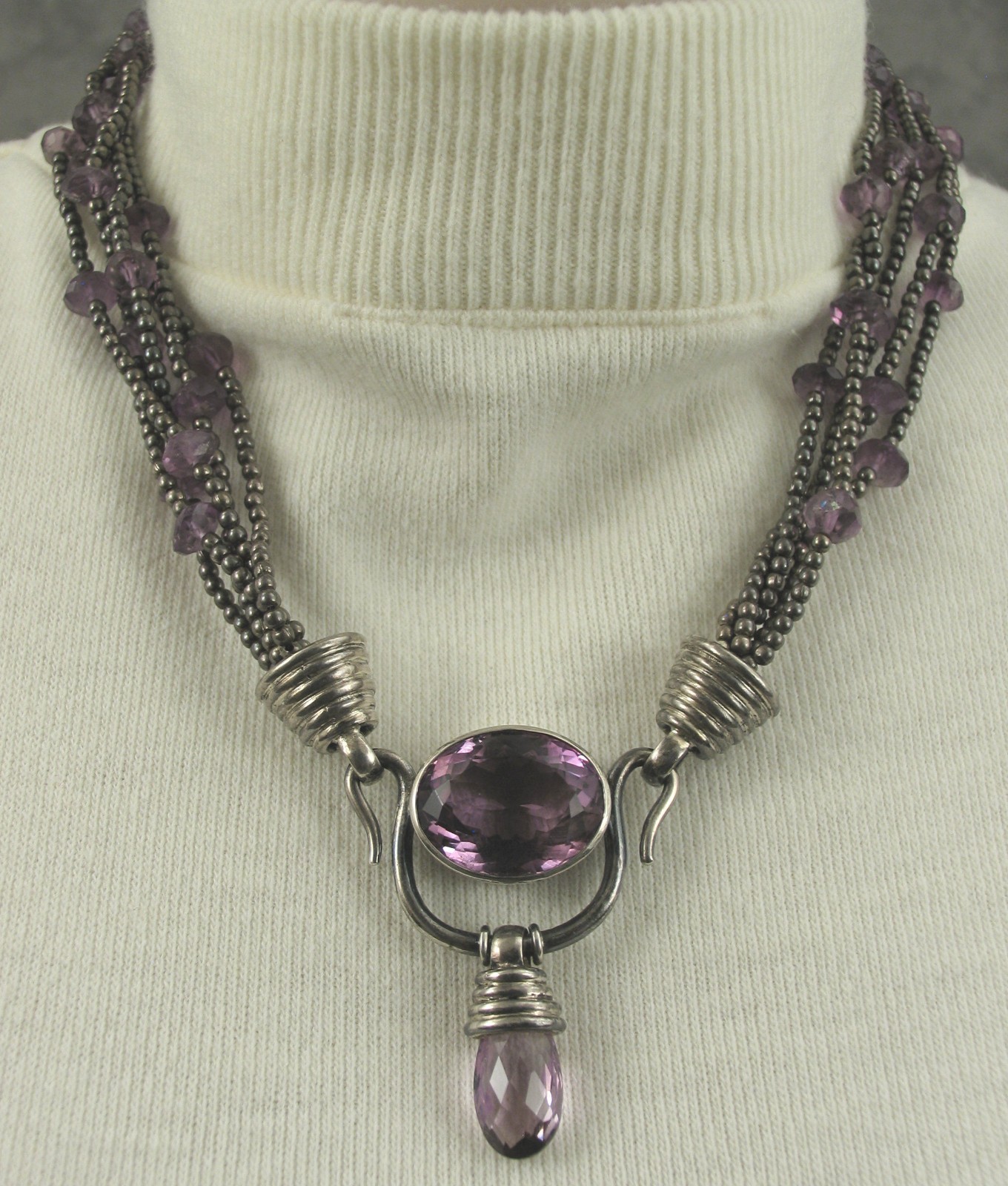 VTG ARTISAN 925 SILVER Estate AMETHYST PURPLE Multi Strand PENDANT Necklace 108g