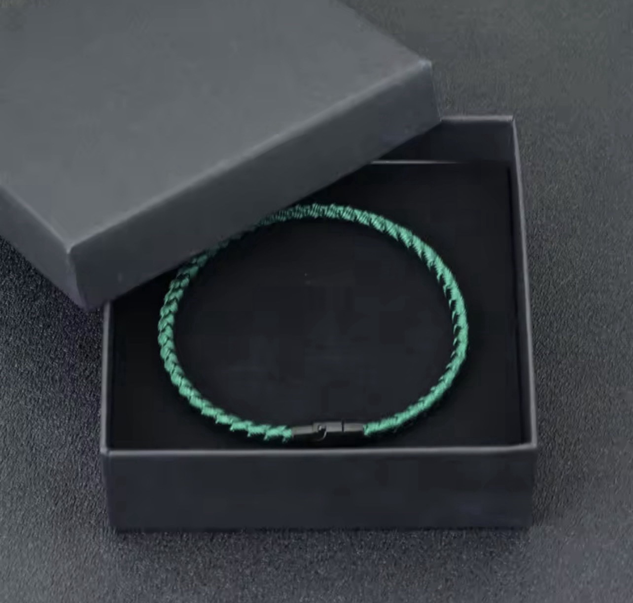 3pcs Men’s green and black braided fabric bracelet set, nautical-style, 20.5cm.