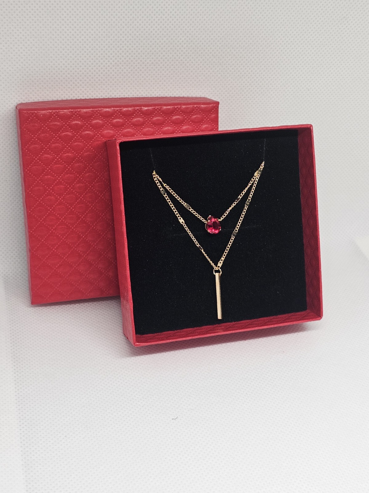 Everyday wear casual ladies Y-drop necklace jewellery red stone gold gift box