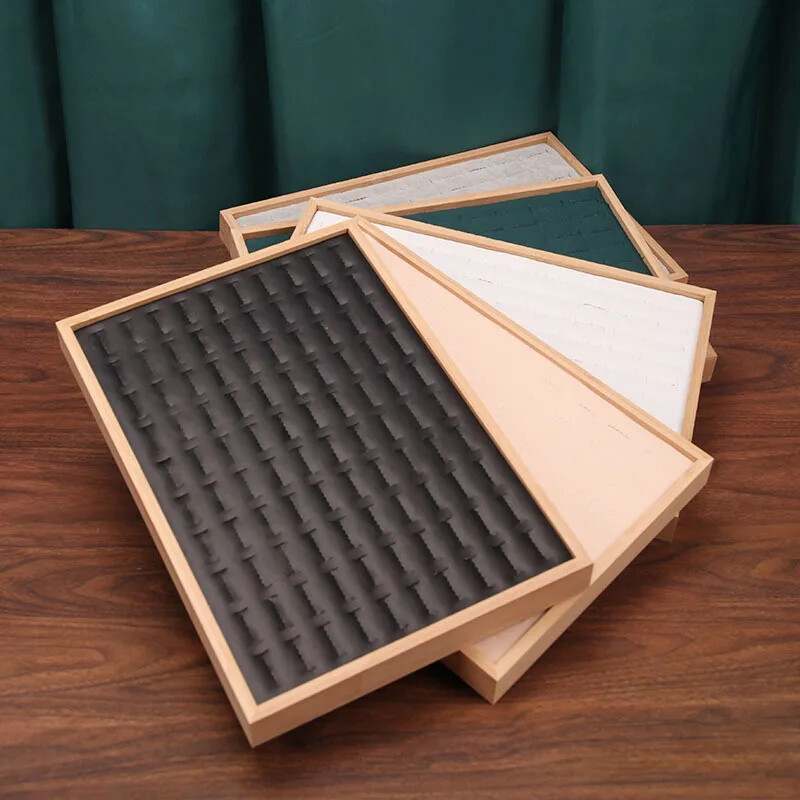 Bamboo 100 Grids Rings Tray Jewelry Showcase Storage Organizer Display Tray