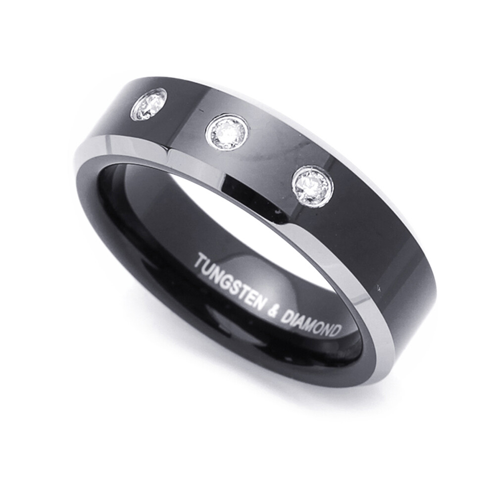Men 6MM Tungsten Wedding Band 0.11ct 3 Diamond Beveled Edges Black Ring
