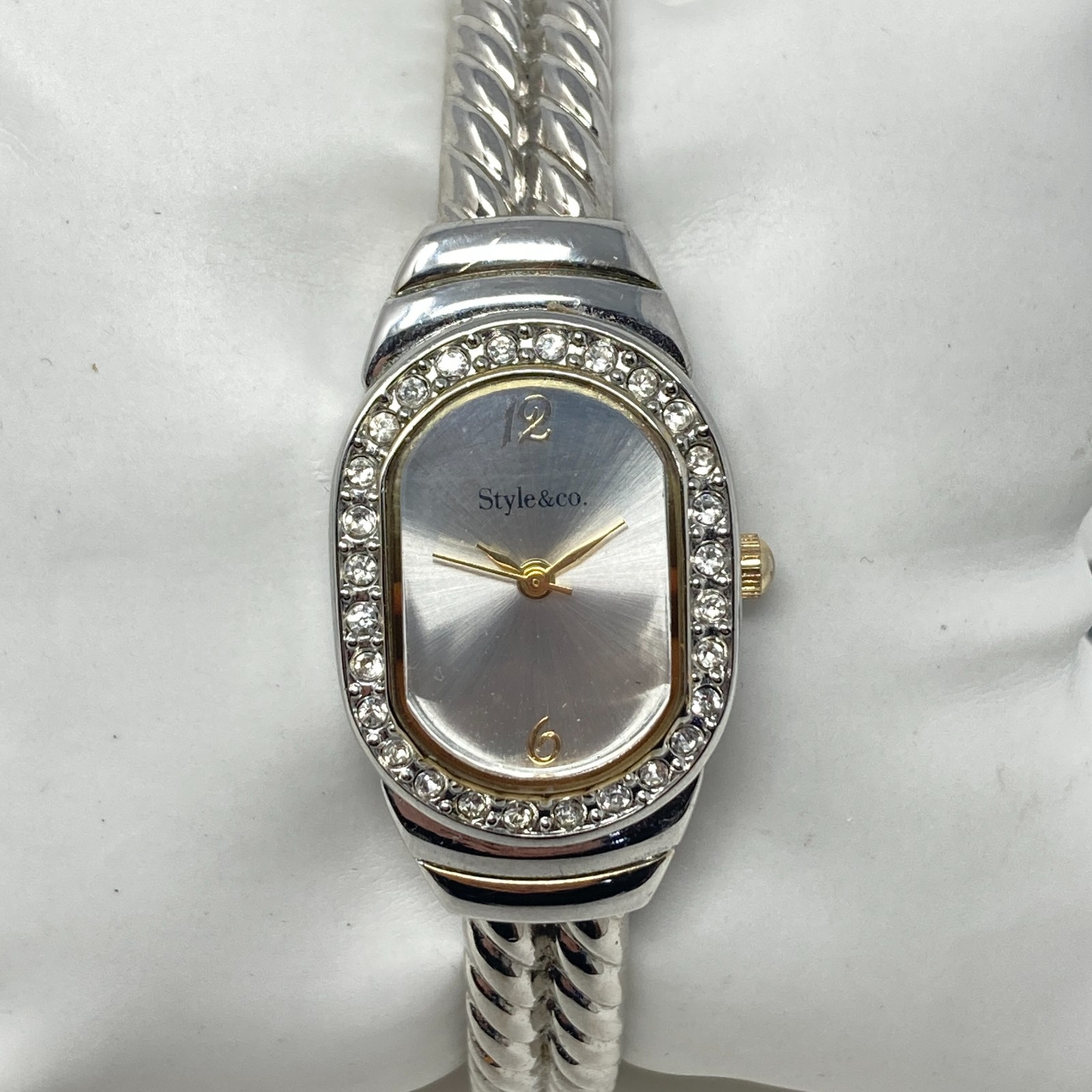 Style & Co Women Watch Silver Gold Tone Crystals Twisted Cable Cuff New Battery