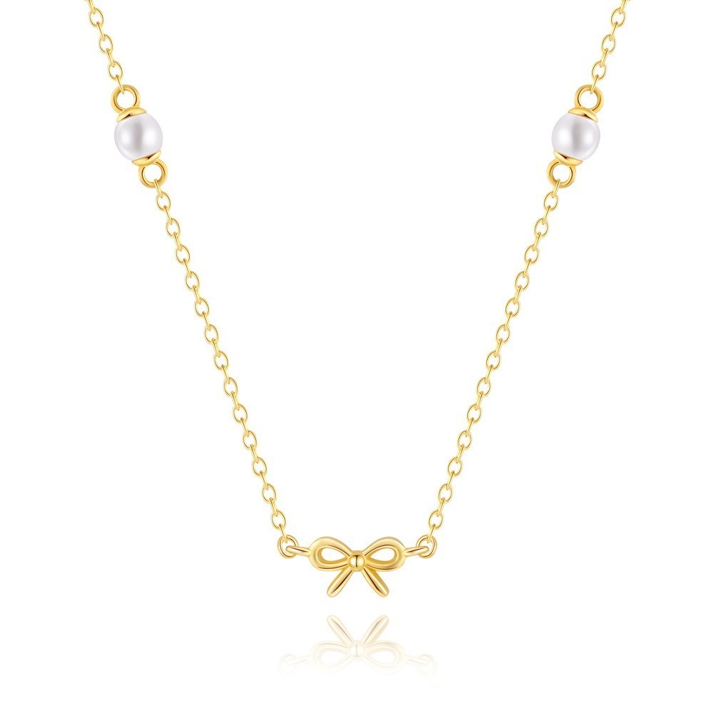 Gold Plated 925 Sterling Silver Faux Pearl Bow Pendant Necklace for Women