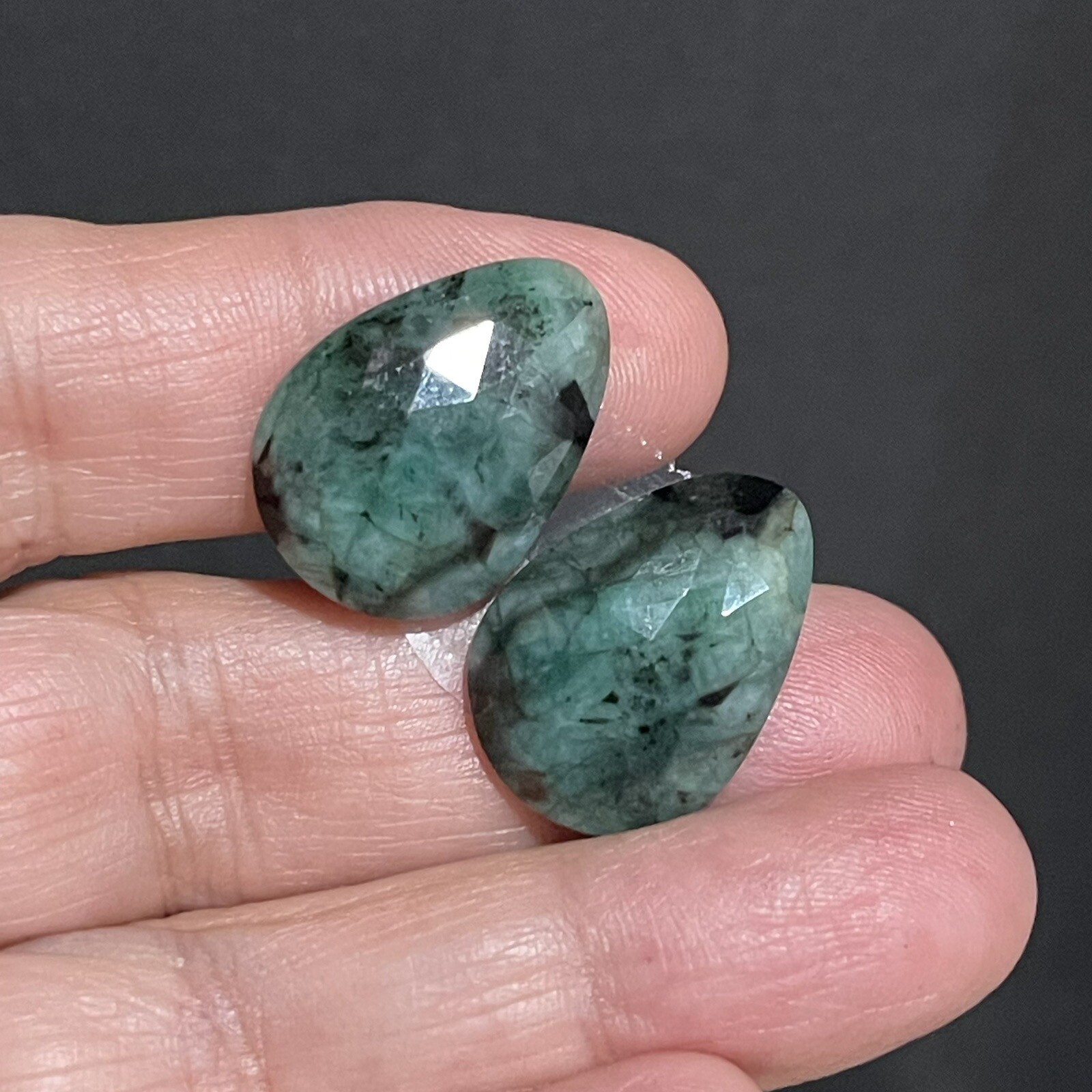24.3ct 22×15.8×4.7mm Pair Green Emerald Rose Cut Flat Back Teardrop Cabochons