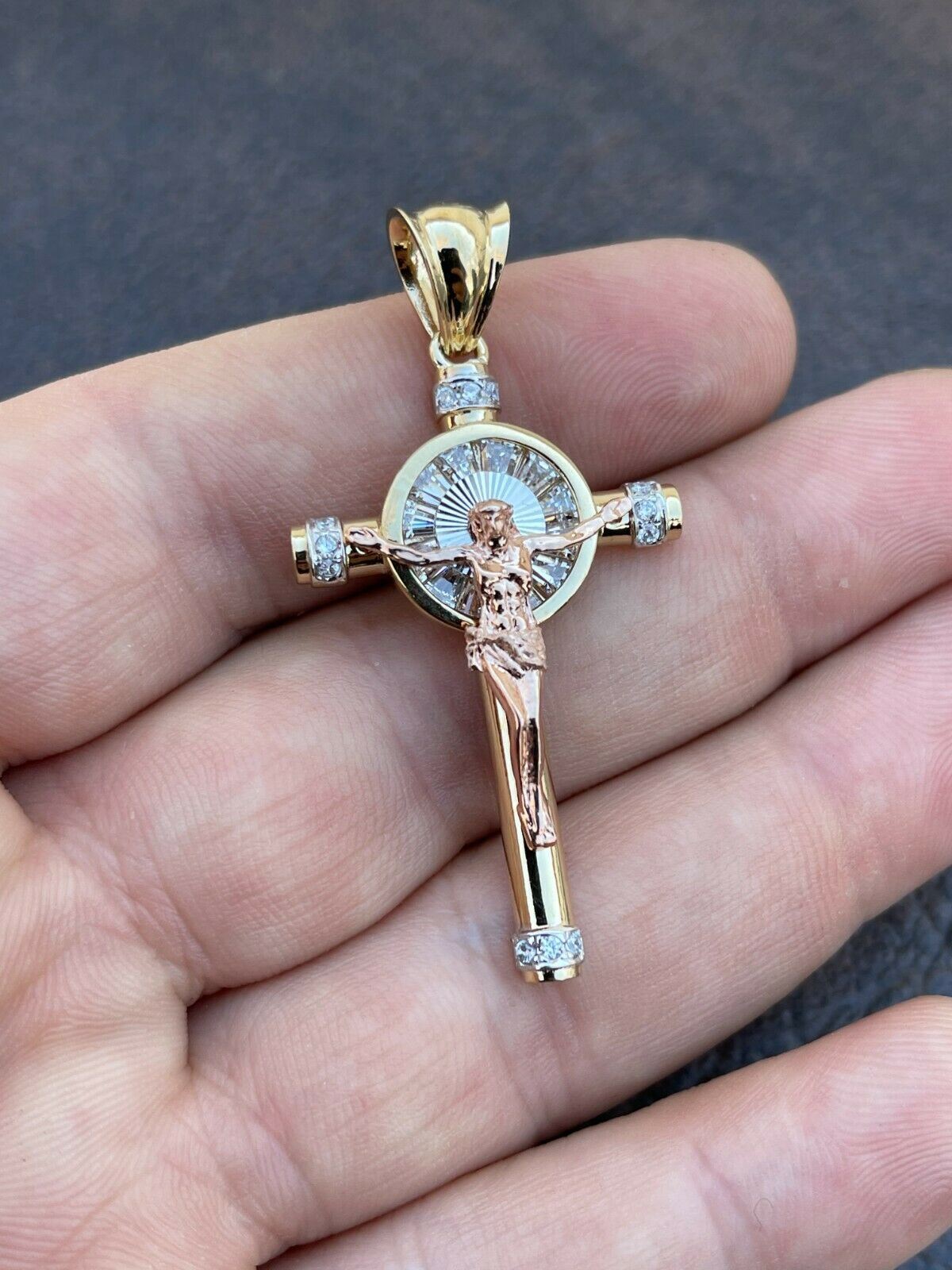 Solid 925 Silver Cross W. Jesus Pendant Yellow & Rose Gold Plated Necklace CZ