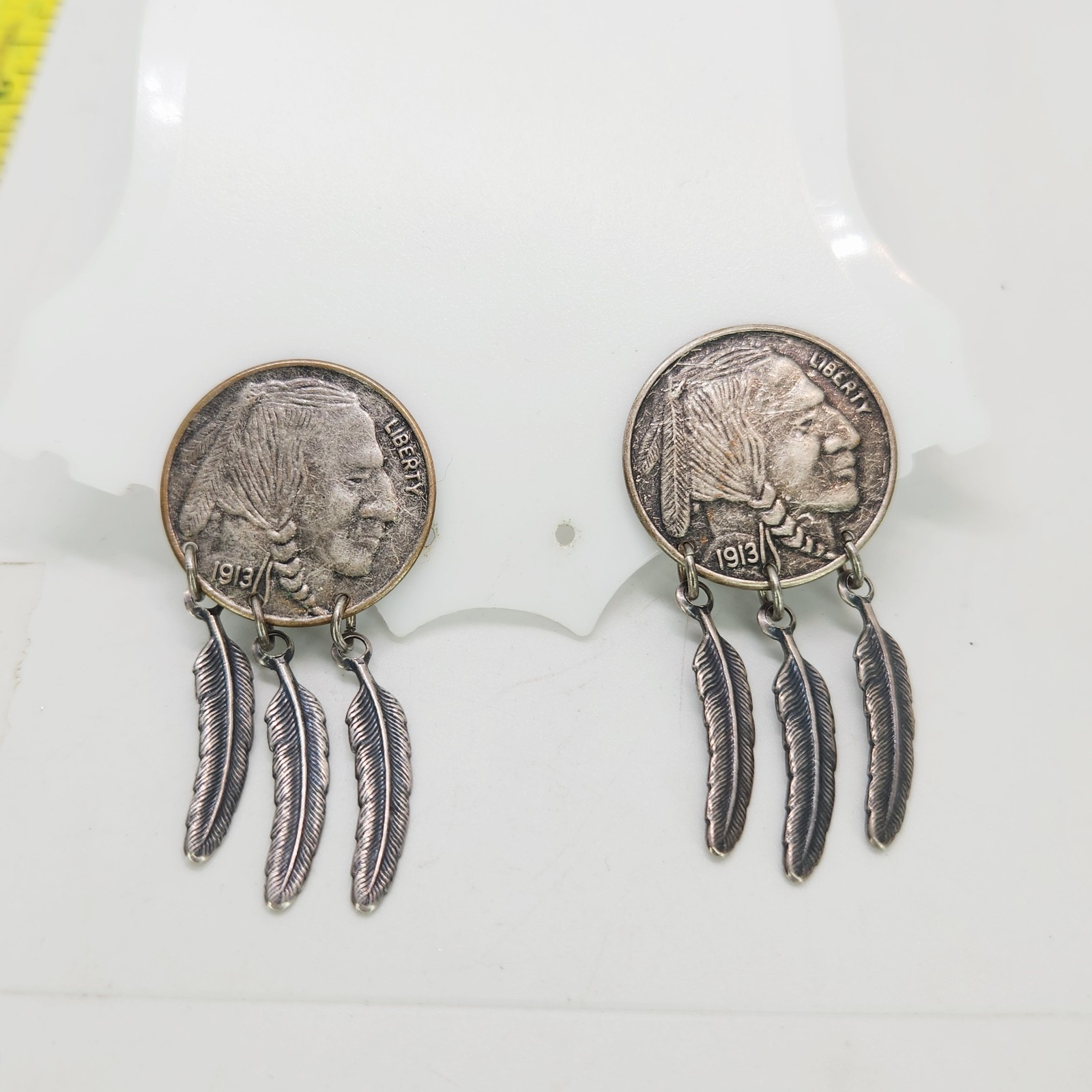 VTG Buffalo Nickle Indian Head 925 Sterling Silver Feather Dangle Coin Earrings