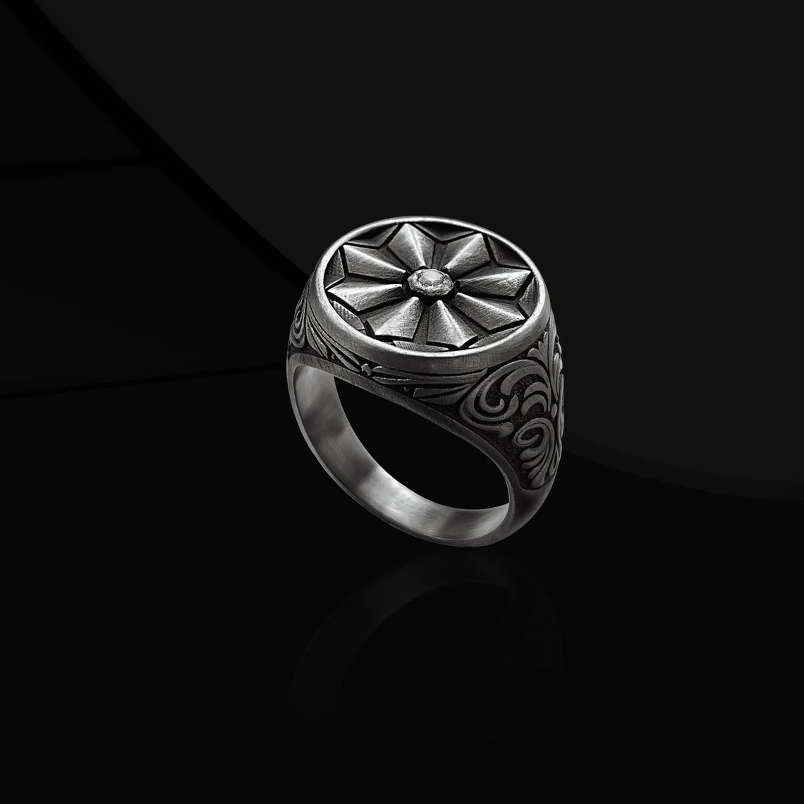 Geometric Flower Signet Ring 925 Sterling Silver Oxidized Ring Duty Free