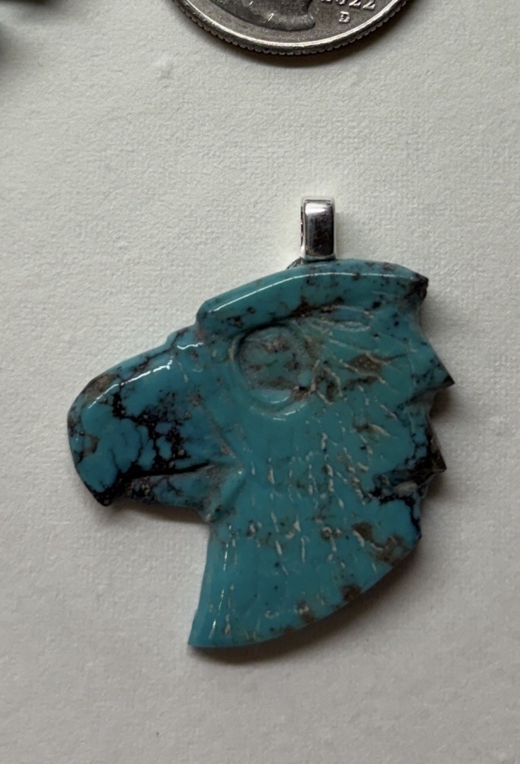 Carved Turquoise Eagle Head Pendant Sterling Silver