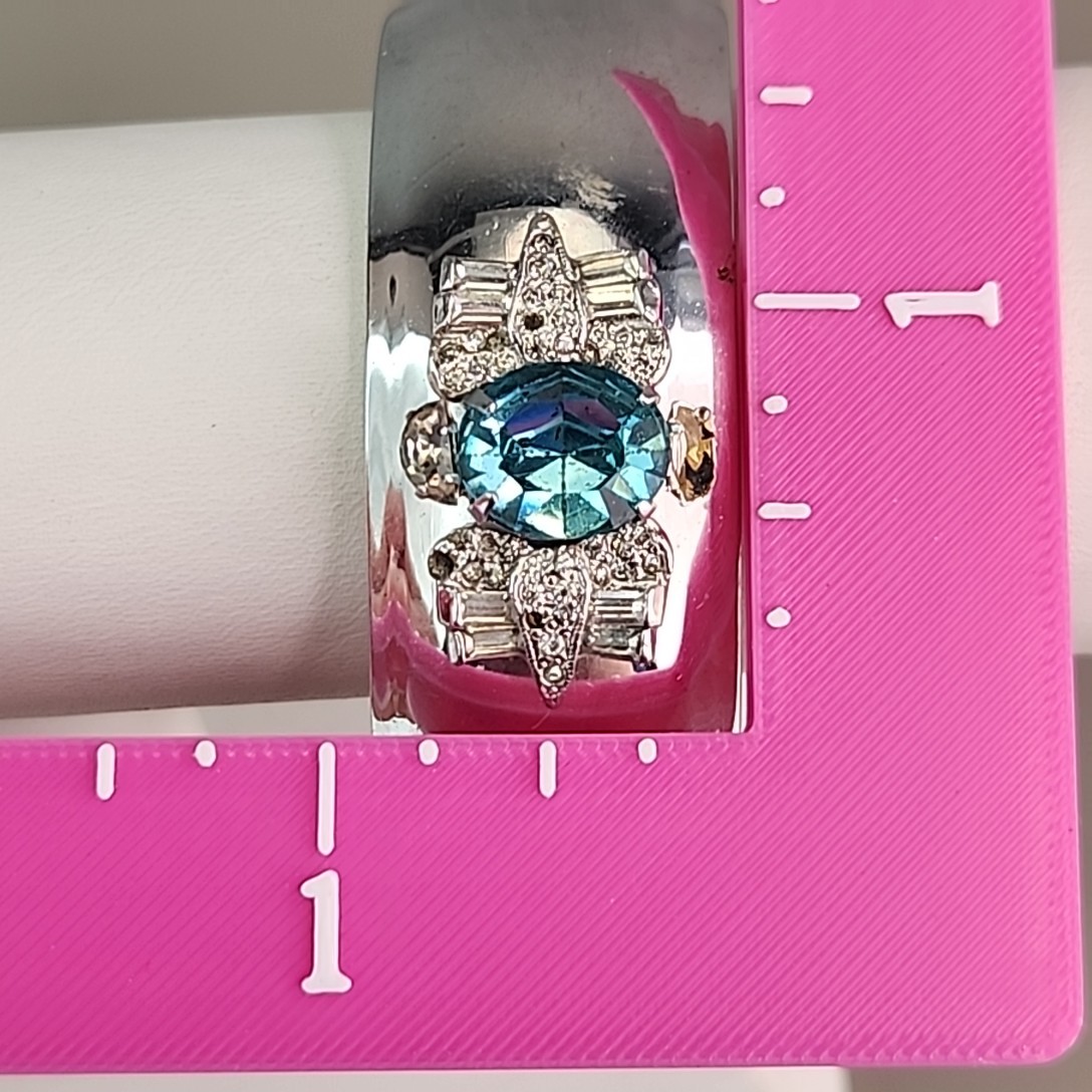 Vintage Hinged Bangle Bracelet Blue Rhinestone Silver Tone Signed 6.75″