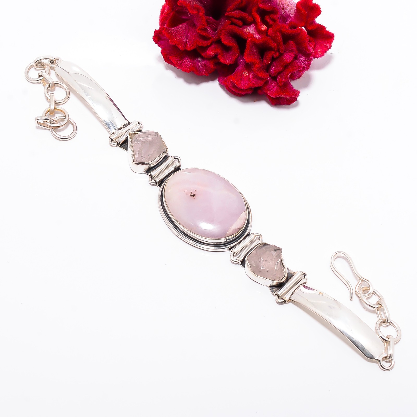 Pink Opal – Australia & Rough Pink Rose Quartz 925 Silver Bracelet 7.99″ B100107