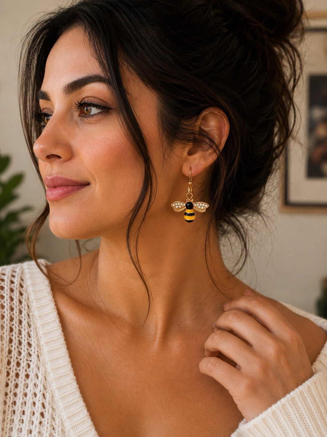 Handmade Bumble Bee Dangle Earrings | Rhinestone Bee Earrings | Bee Lover Gift