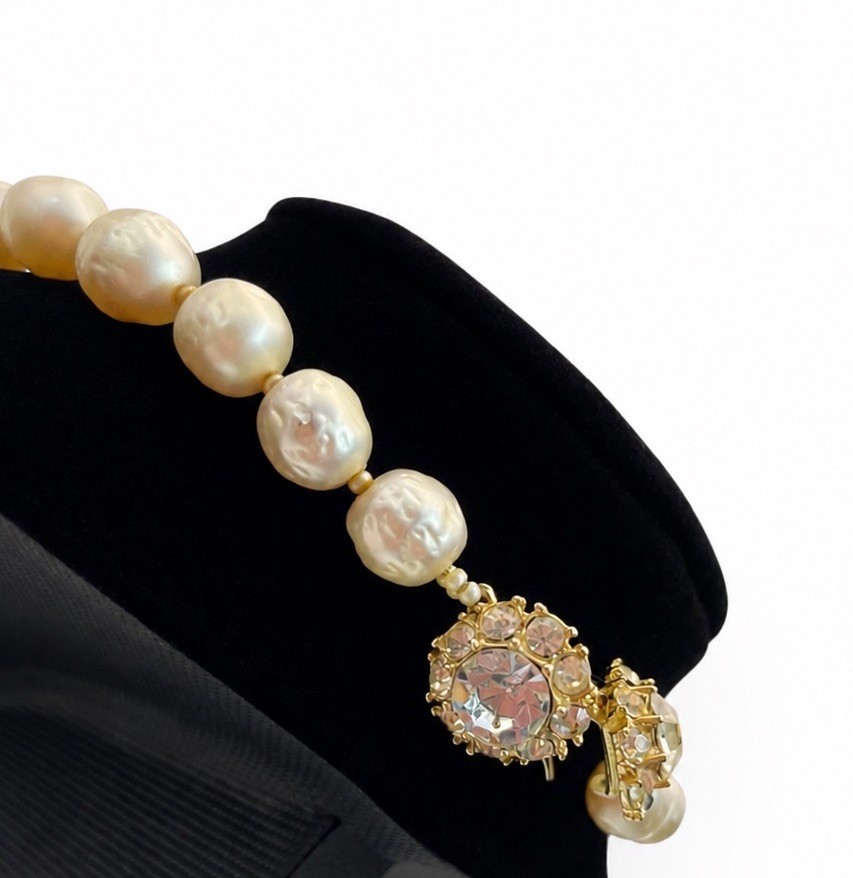 Vintage Judith McCann NY Shuvon Faux Pearl Necklace Signed Rhinestone Clasp