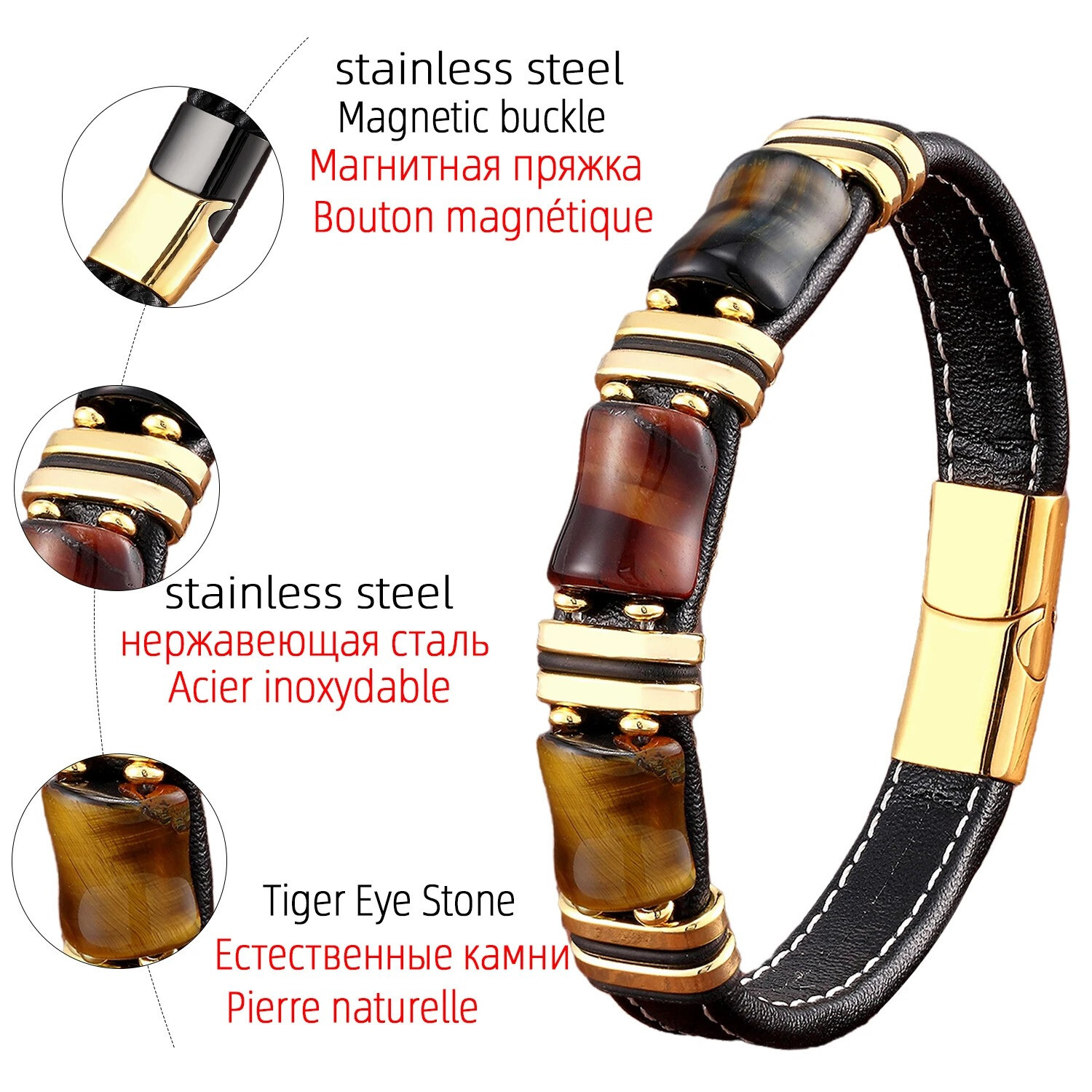 Pulsera De Acero Inoxidable Con Piedra Ojo De Tigre Para Hombre Cadena De Cuero