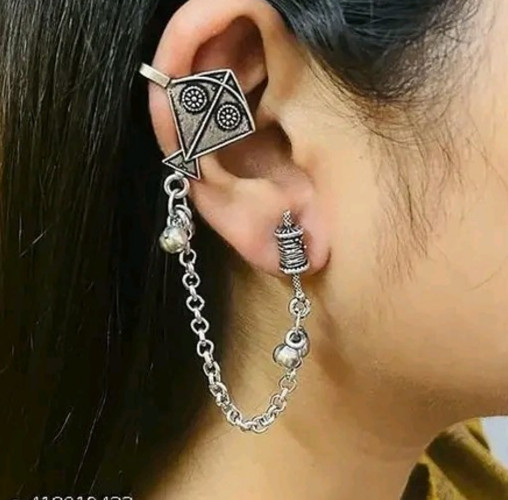 Kite Design Silver Earring With Chain For Her Wear Bollywood Style Jewellery