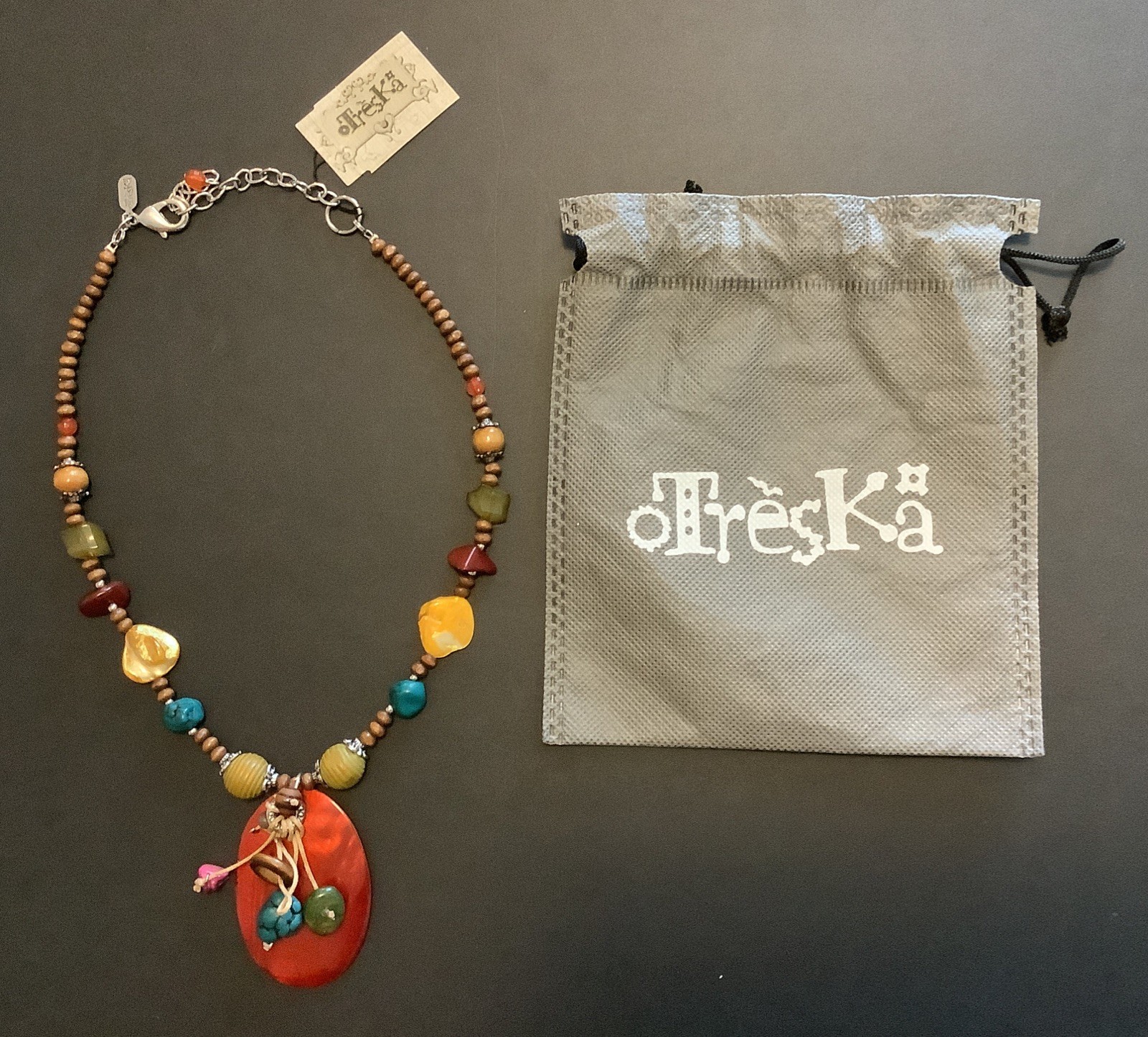 TRESKA Necklace Fall Colored Glass Beads Along With Wooden Beads NWT Signed