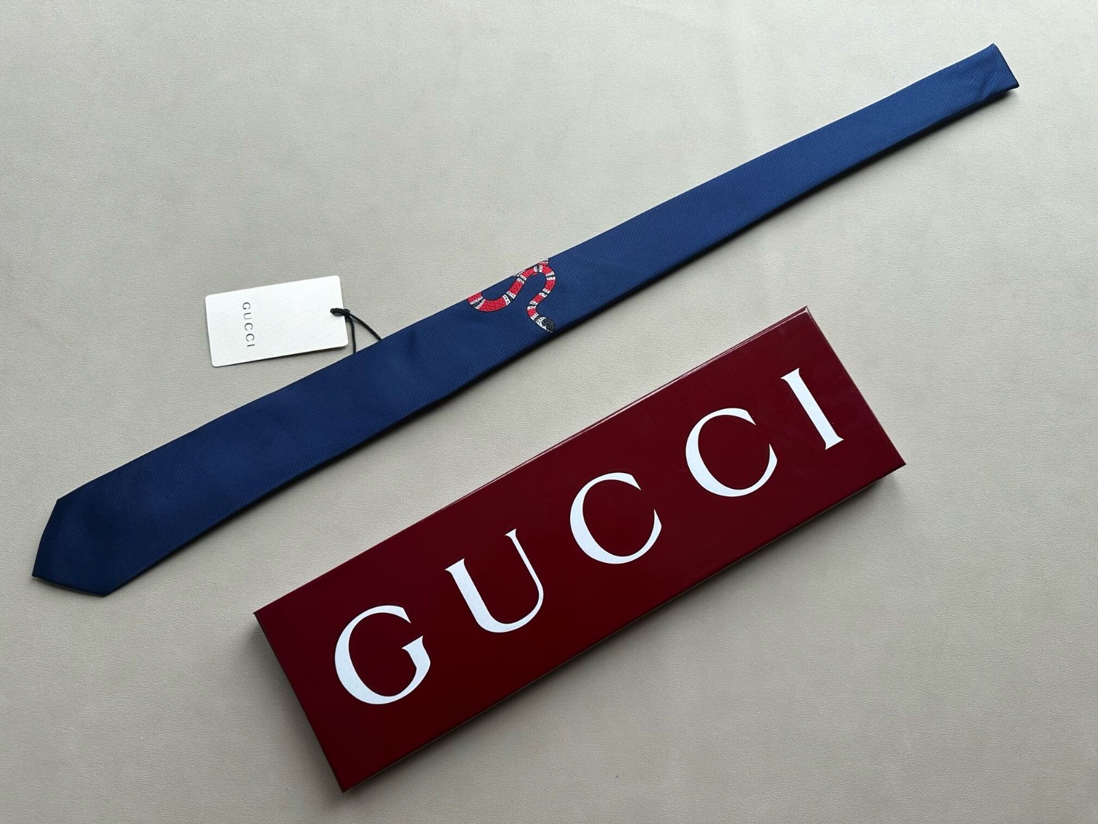 Gucci Mens Tie 2.75” (7cm) Cobra KING Embroidery Blue NWT