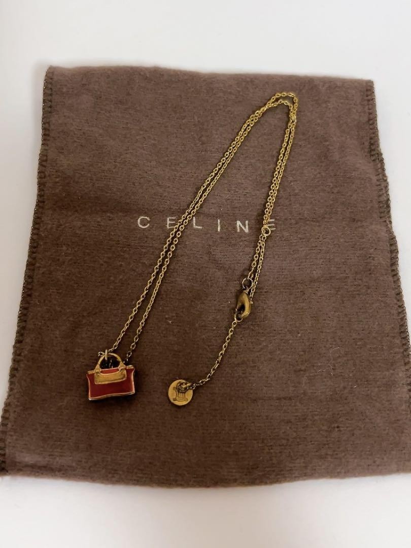 CELINE Necklace Handbag Motif Pendant Enamel Red Gold Length: 20.5 in.Vintage