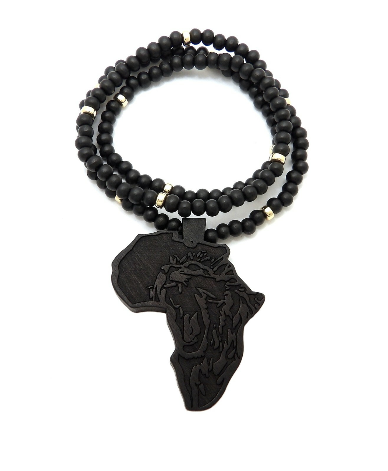 Black Lion Head Africa Pendant & 6mm 26″ Wooden Beads Chain Fashion Necklace