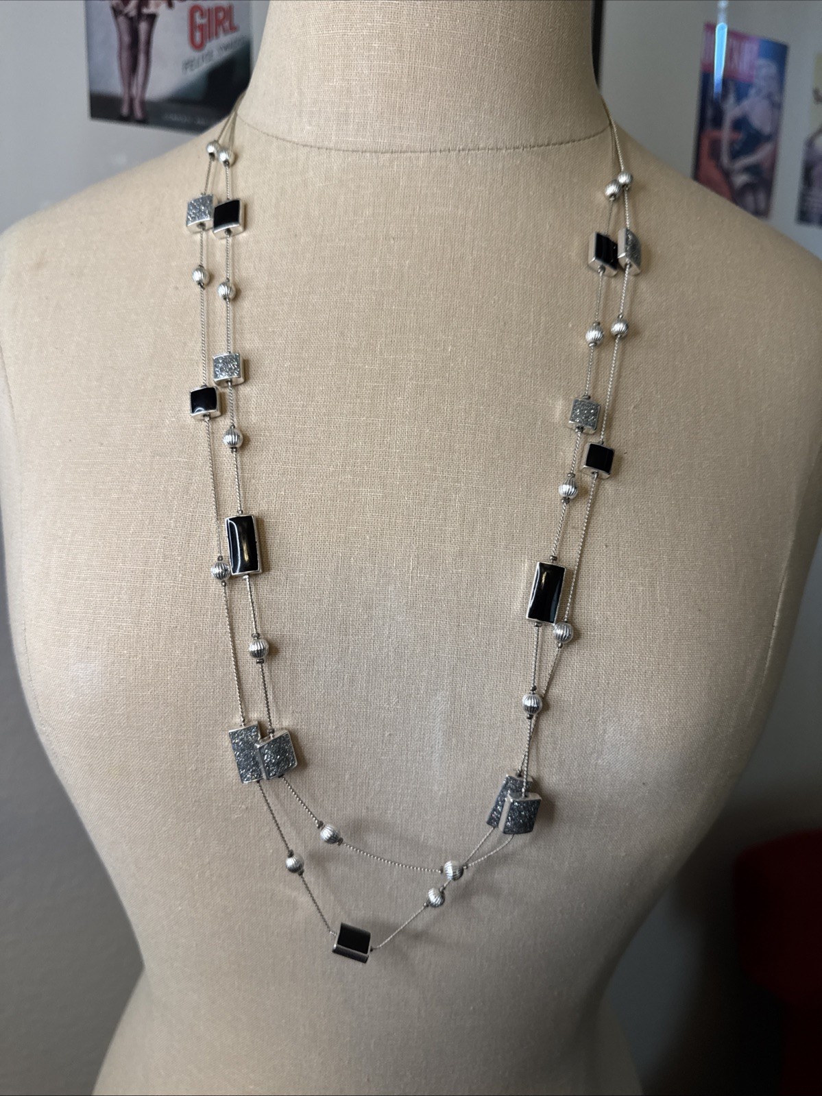 Silver And Black Square Beads 2 Strand Approx 24” Lobster Clasp Adjustable
