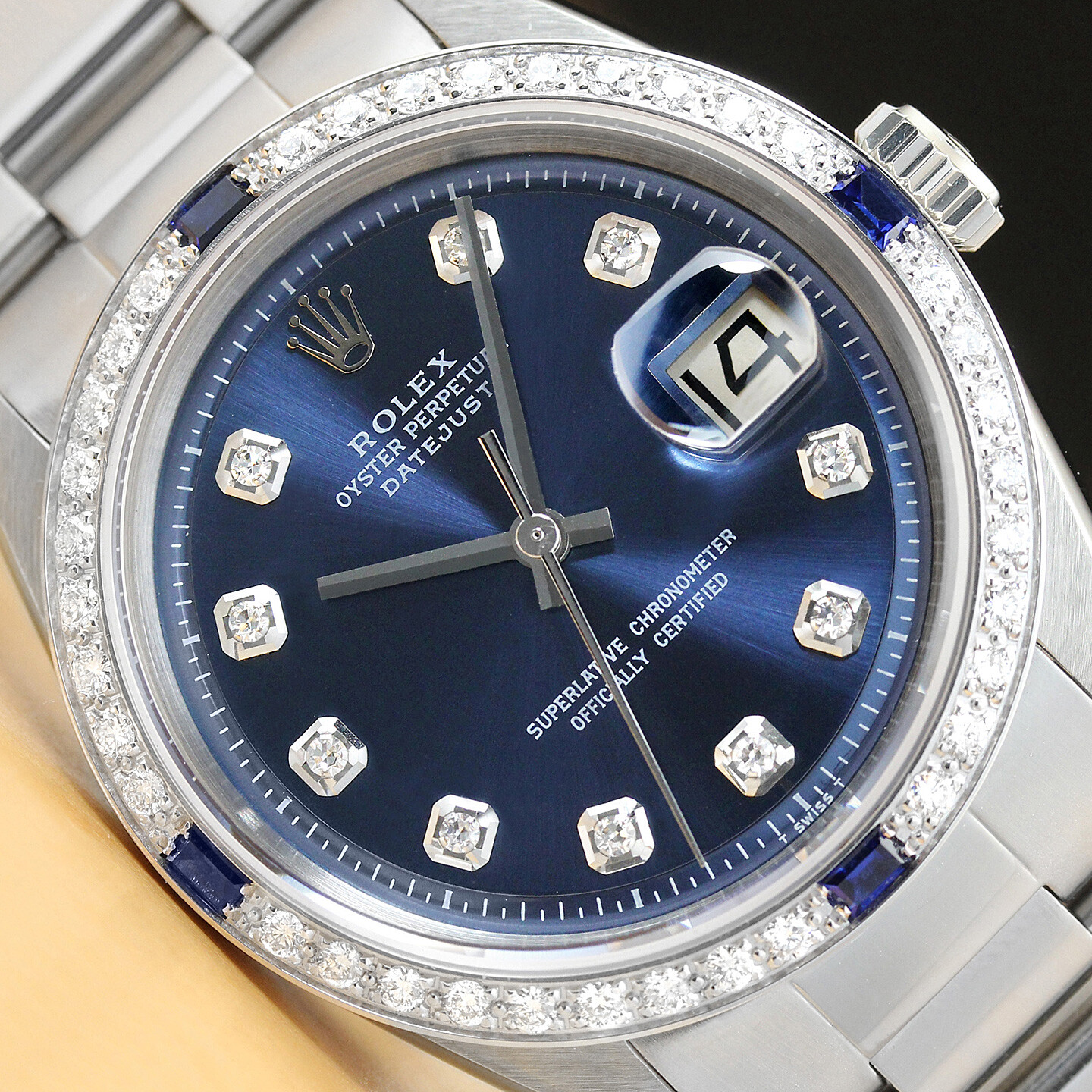 MENS ROLEX DATEJUST BLUE DIAMOND SAPPHIRE 18K WHITE GOLD STAINLESS STEEL WATCH