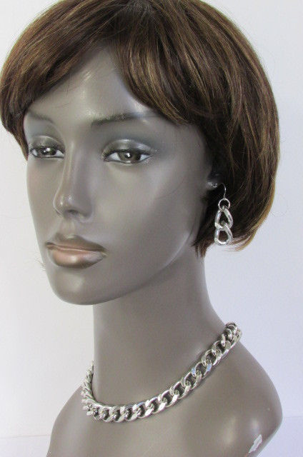 New Women Silver Fashion Necklace Earring Set Metal Thick Chain Short Links
