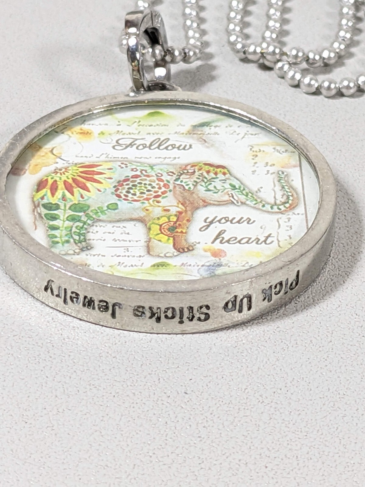 Follow Your Heart Elephant Round Pendant Emerson Quote Necklace 36 inch