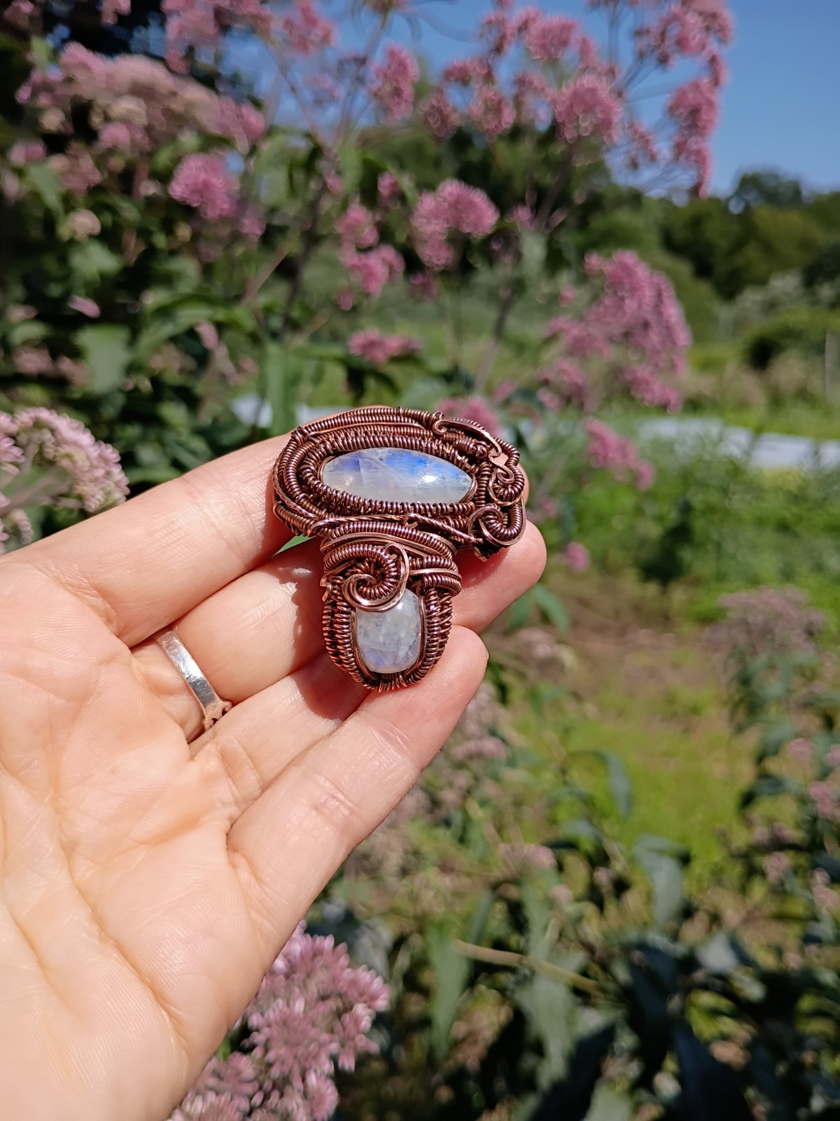 Moonstone Mushroom Pendant Copper Wirewrap Eyeball Handmade