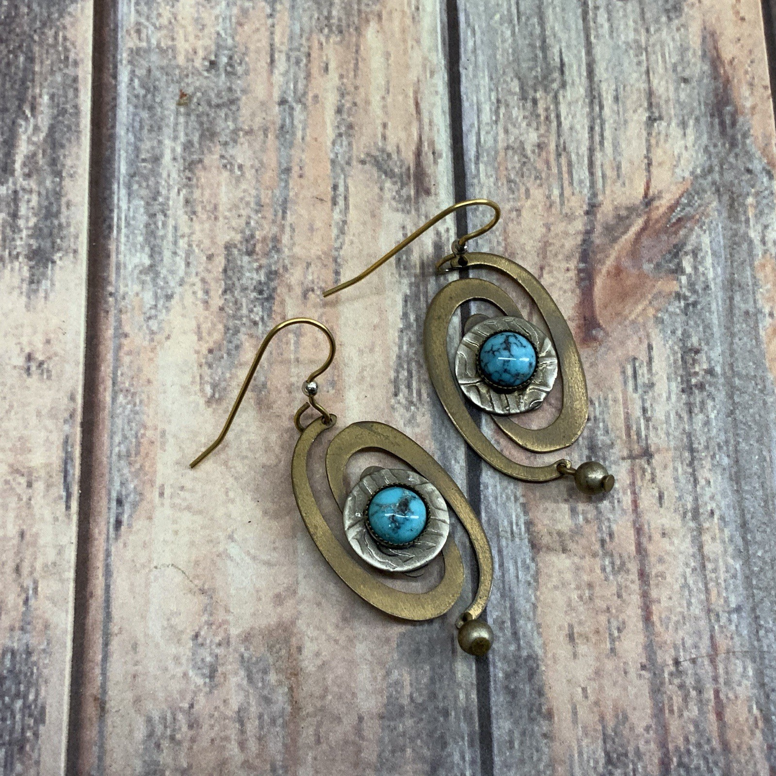 Artisan brass spiral faux turquoise cabochon boho earrings