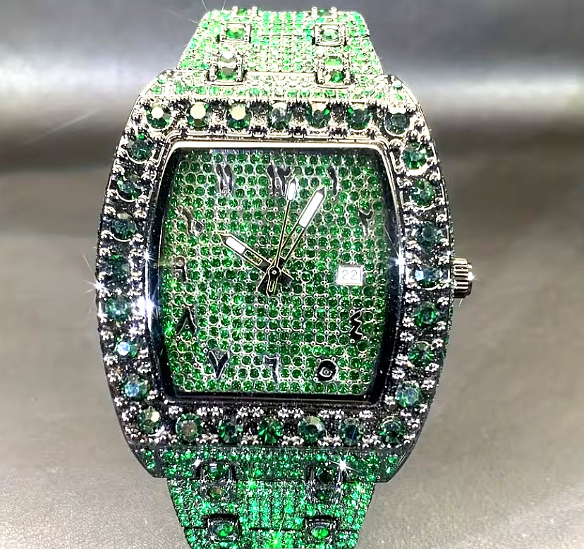 Luxurious Hip-Hop Green Rhinestone Watch | Unisex Square Diamond Watch