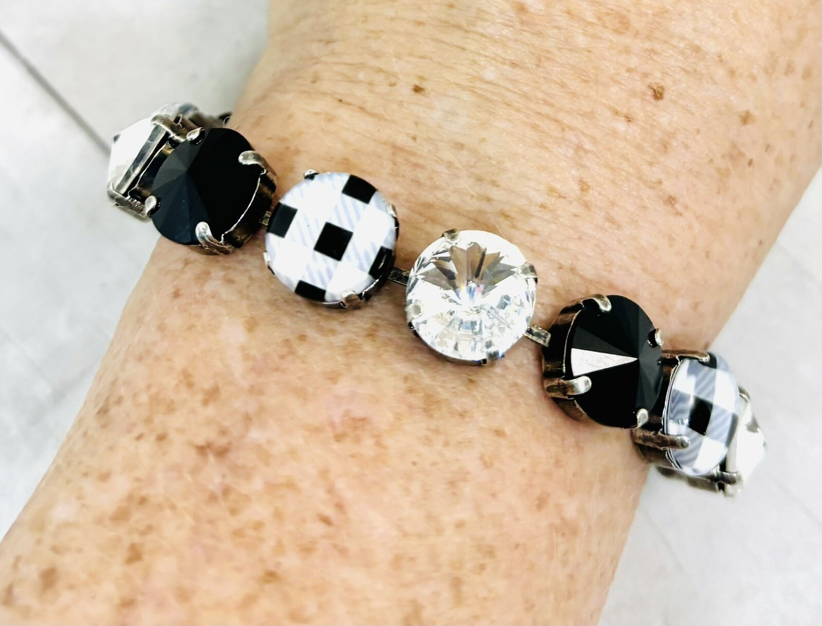 Black BUFFLO PLAID Cup Chain Statement Bracelet made w/ Jet Black Crystals